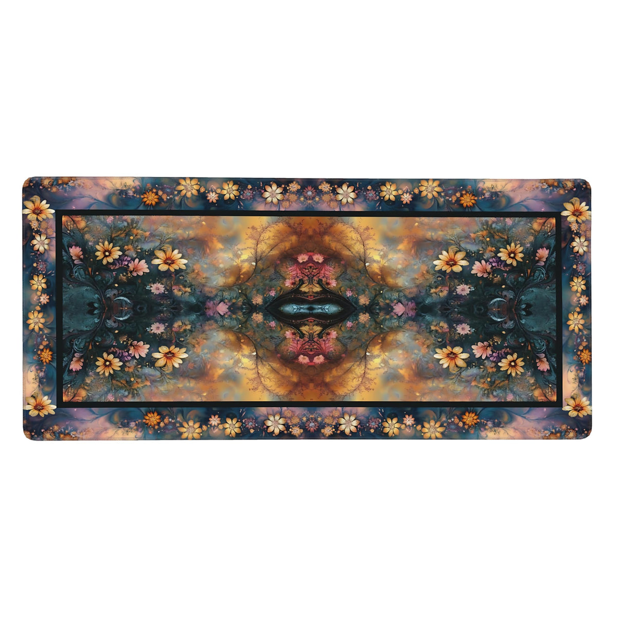 Floral Aesthetic Daisy Gaming Mouse Pad, Gold Blue Rug Desk Mat with Anti-Slip Base & Stitched