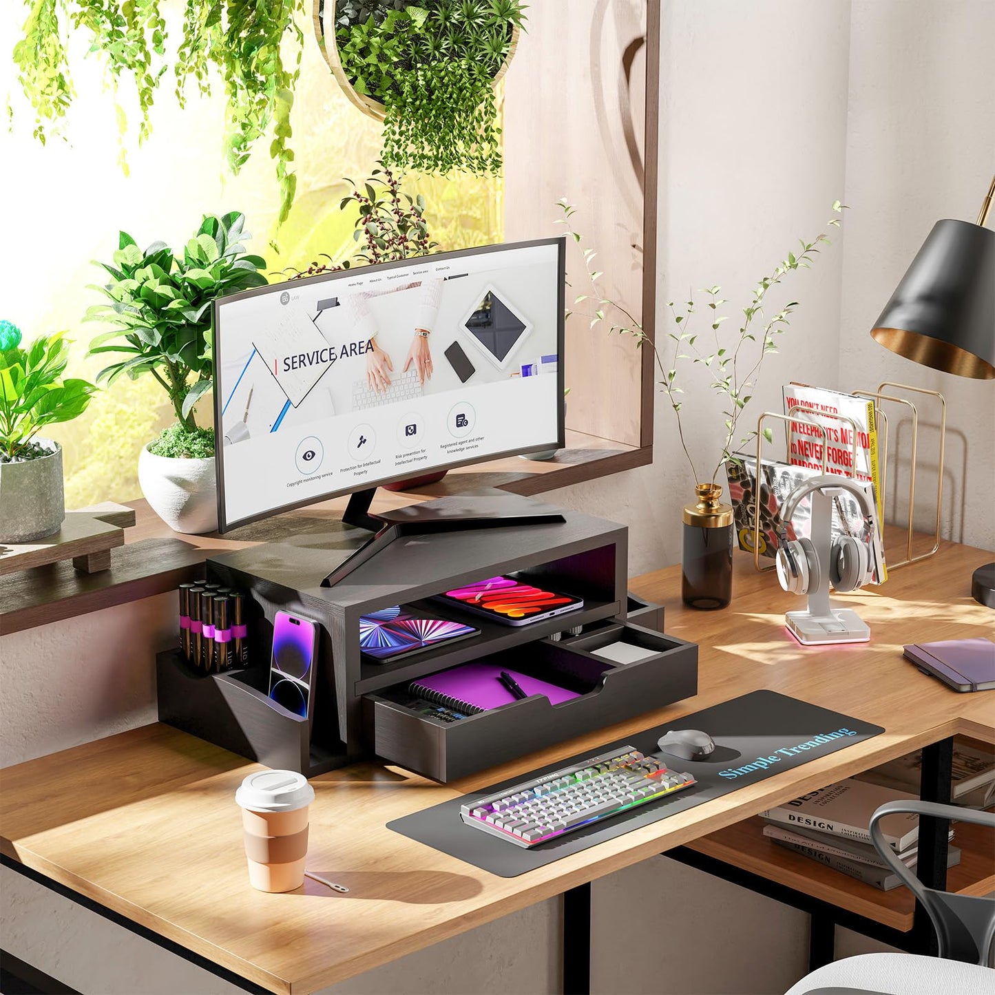 Simple Trending Wood Monitor Stand Riser, Desktop Oraganizer, Black