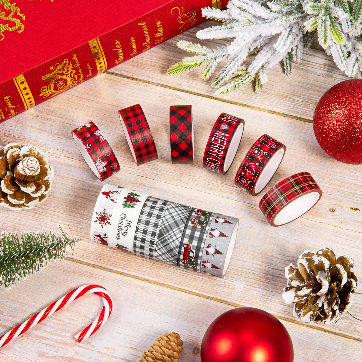 Whaline 12 Roll Christmas Washi Tape Plaids Xmas Tree Snowflake Gnome Truck Masking Tape 15mm Red