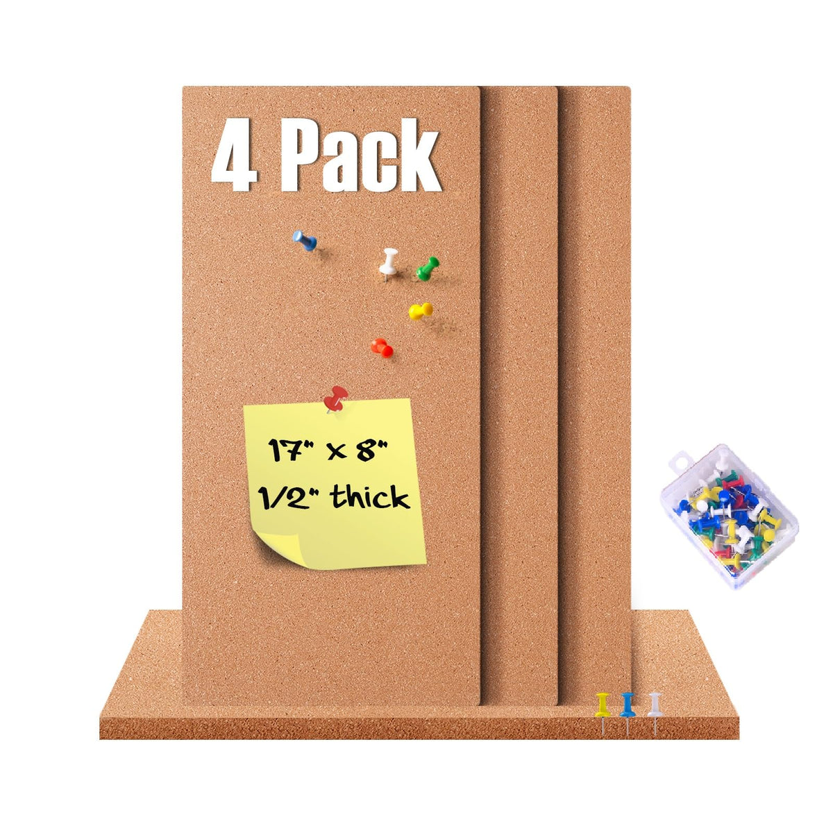 GARDYUE 4 Pack Cork Bulletin Board 17"x8" - 1/2" Thick Cork Board Tiles,Self-Adhesive Frameless