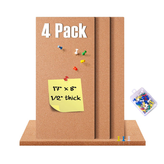 GARDYUE 4 Pack Cork Bulletin Board 17"x8" - 1/2" Thick Cork Board Tiles,Self-Adhesive Frameless