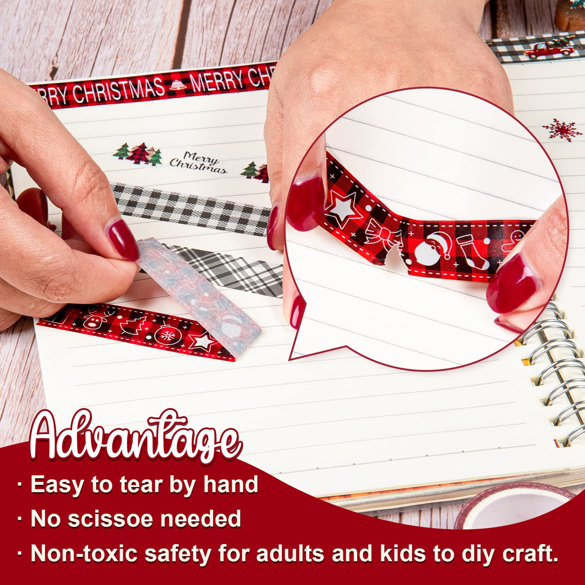 Whaline 12 Roll Christmas Washi Tape Plaids Xmas Tree Snowflake Gnome Truck Masking Tape 15mm Red