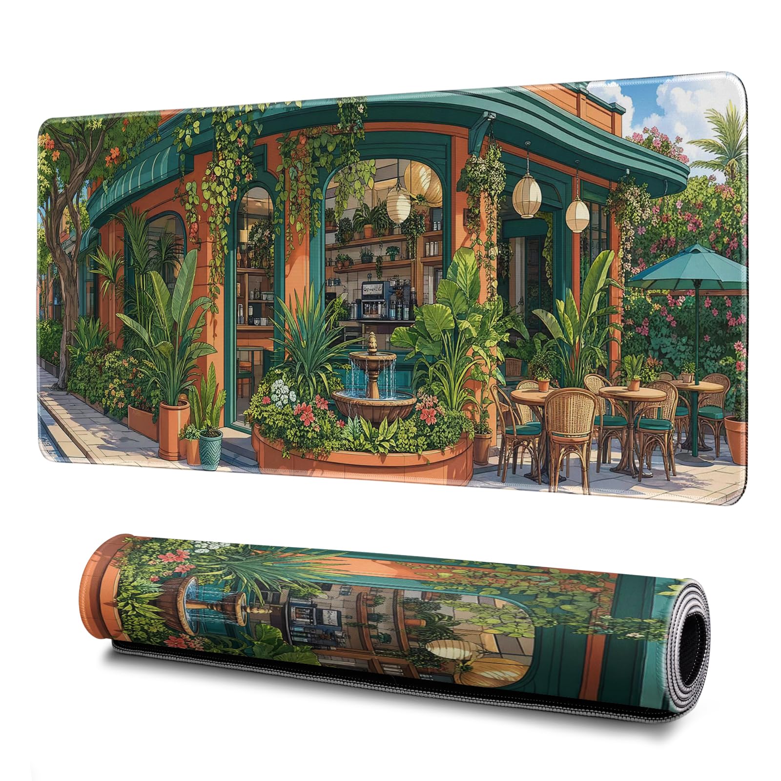Japanese Coffee Shop Mouse Pad Desk Mat XL Extended Large Gaming Desk Pad Mousepad, Green Plant