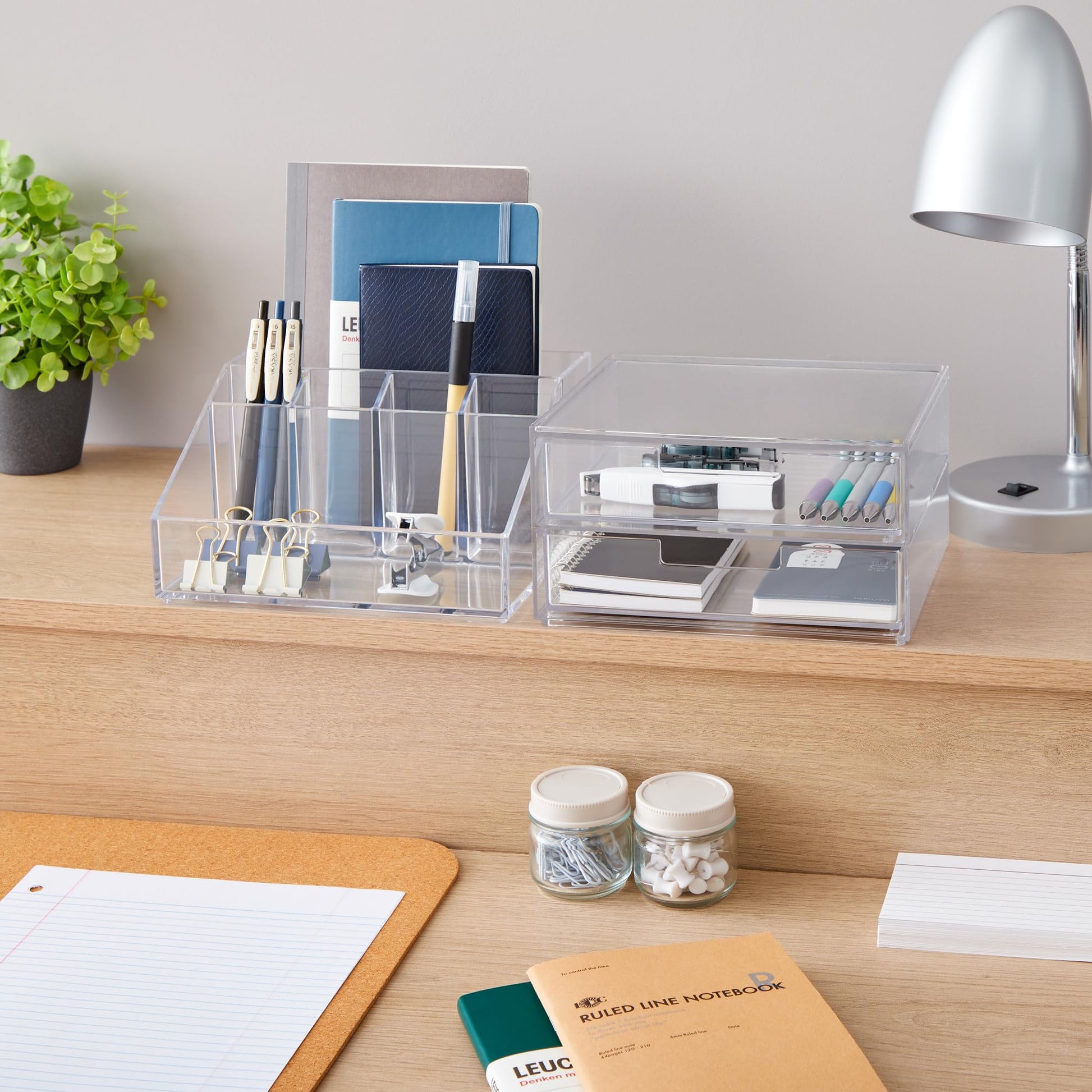 STORi Stackable Desk and Drawer Organizer, Clear, 6 Compartment Organizer with 2 Wide Drawers