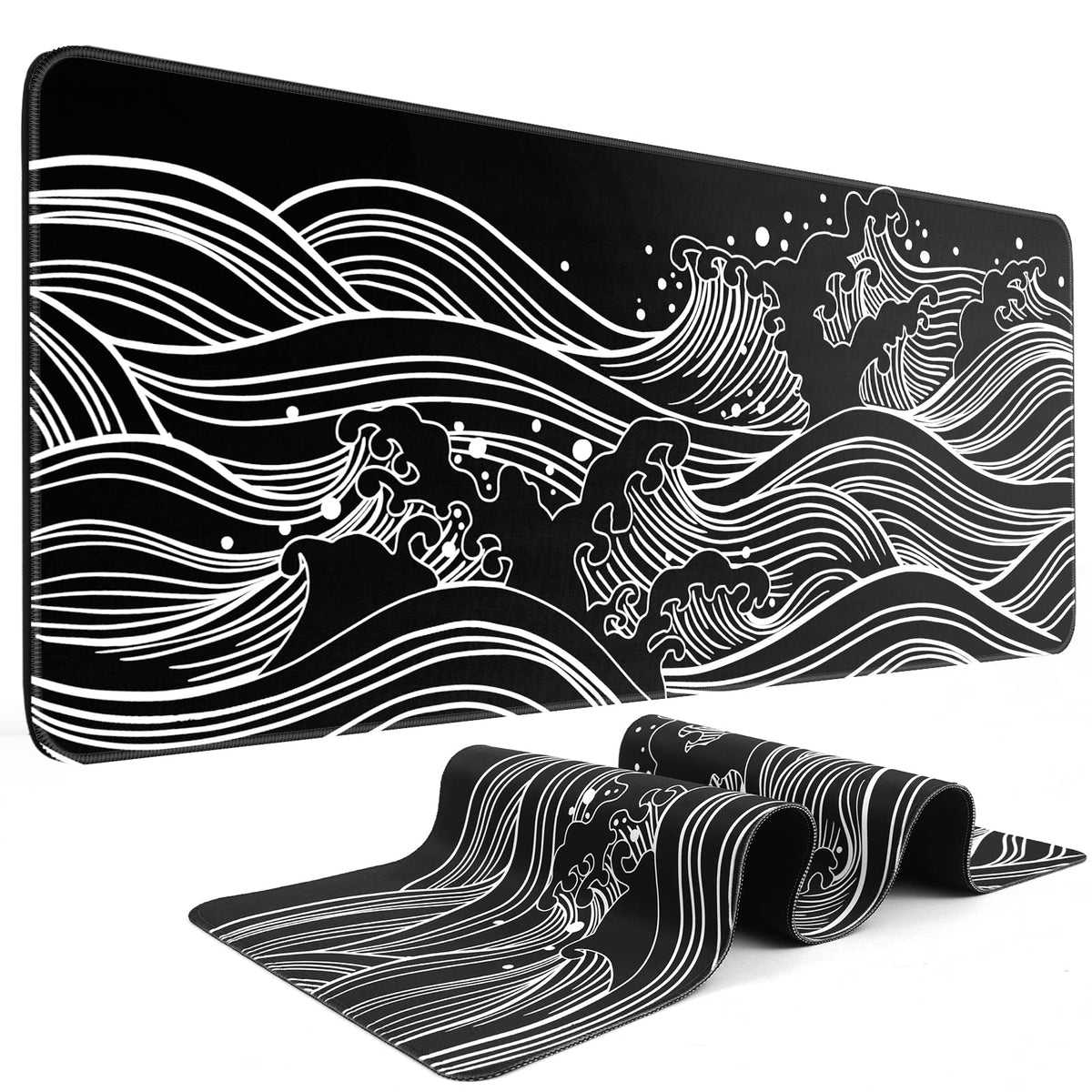 DIGSOM Gaming Mouse Pad Black and White Sea Wave Pattern, 31.5 x 11.8in