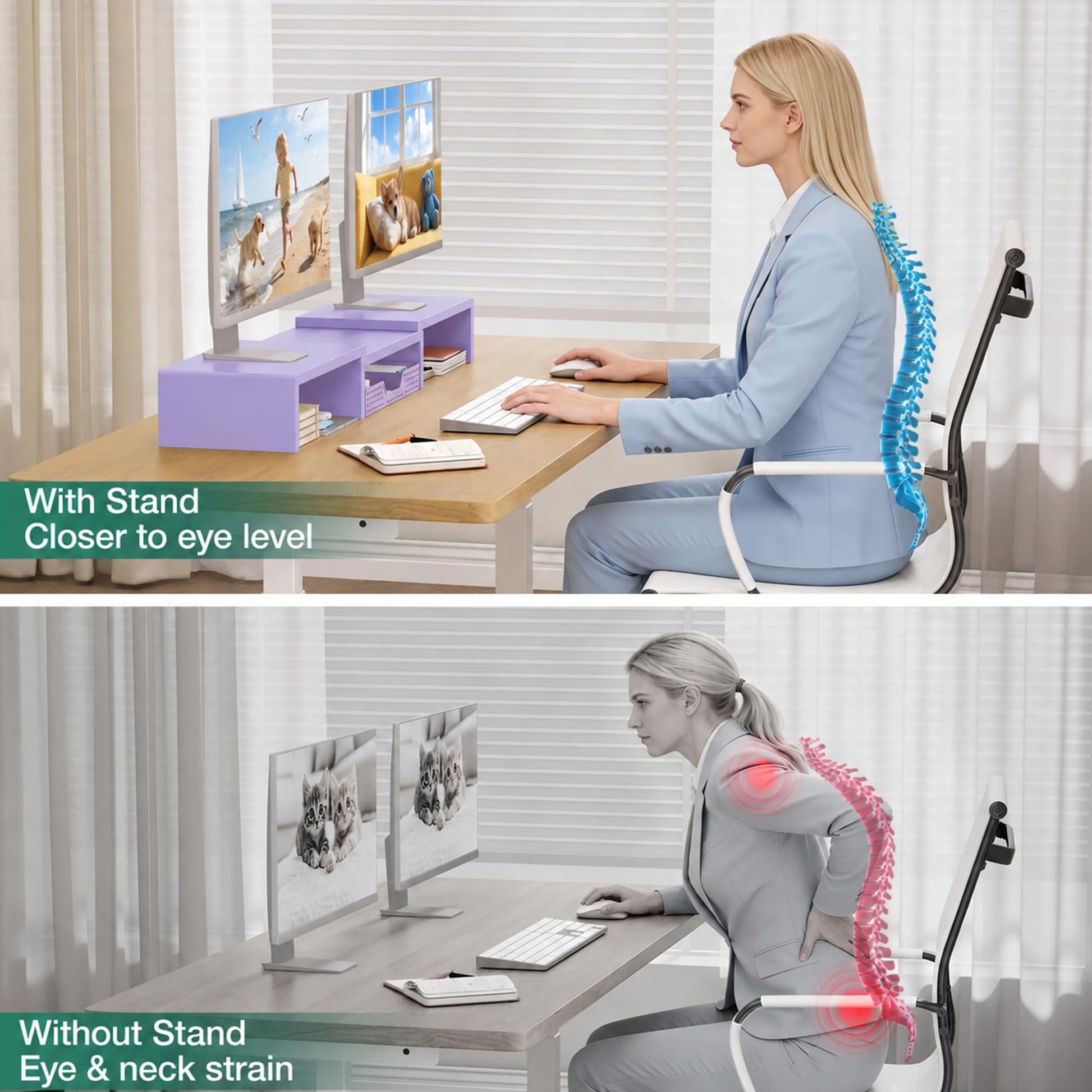OPNICE Dual Computer Monitor Stand Riser, Desk Organizer with Drawer, Office Desk Accessories &
