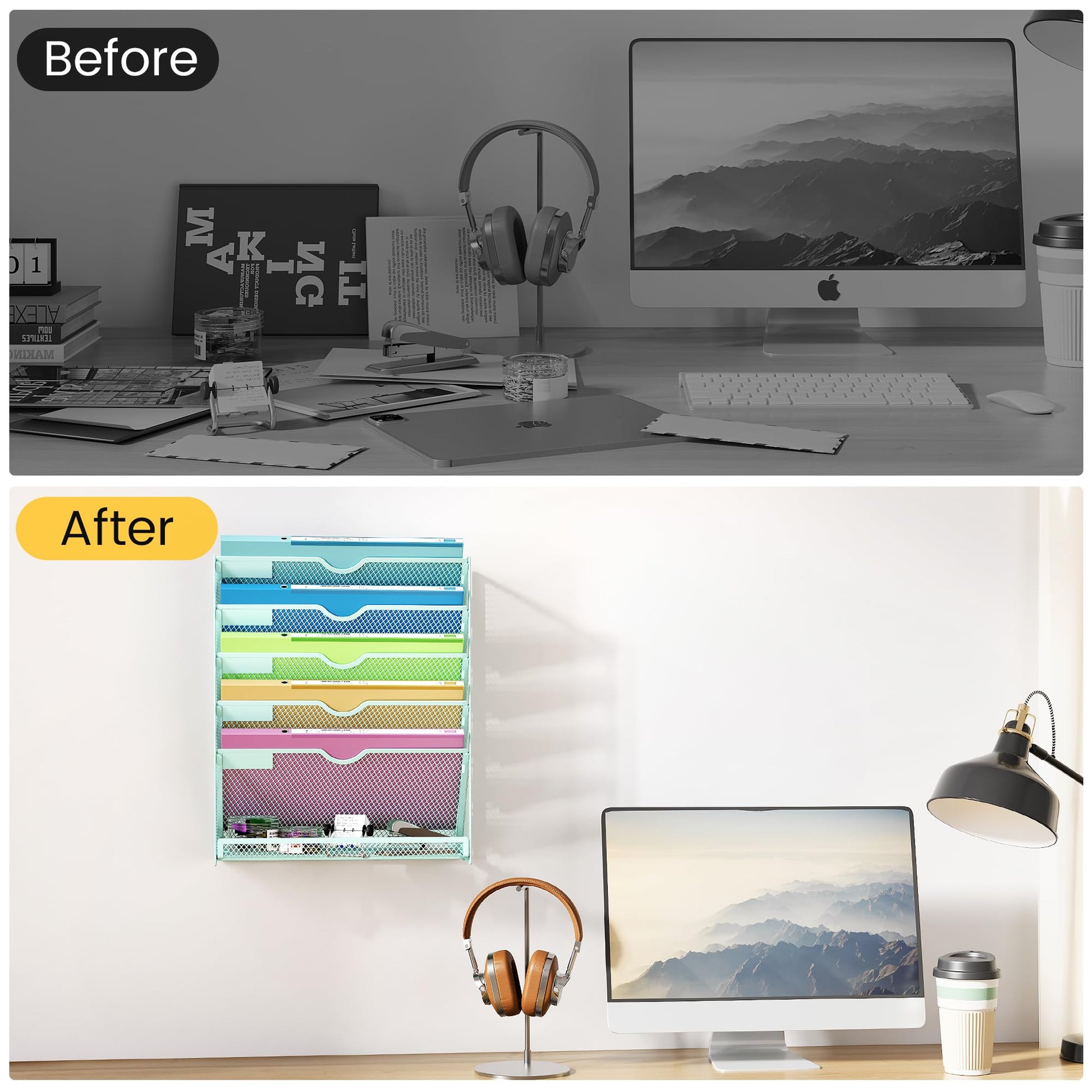 Kinkota Hanging Wall File Organizer, 6-Tier Desk Organizer with Metal Mesh
