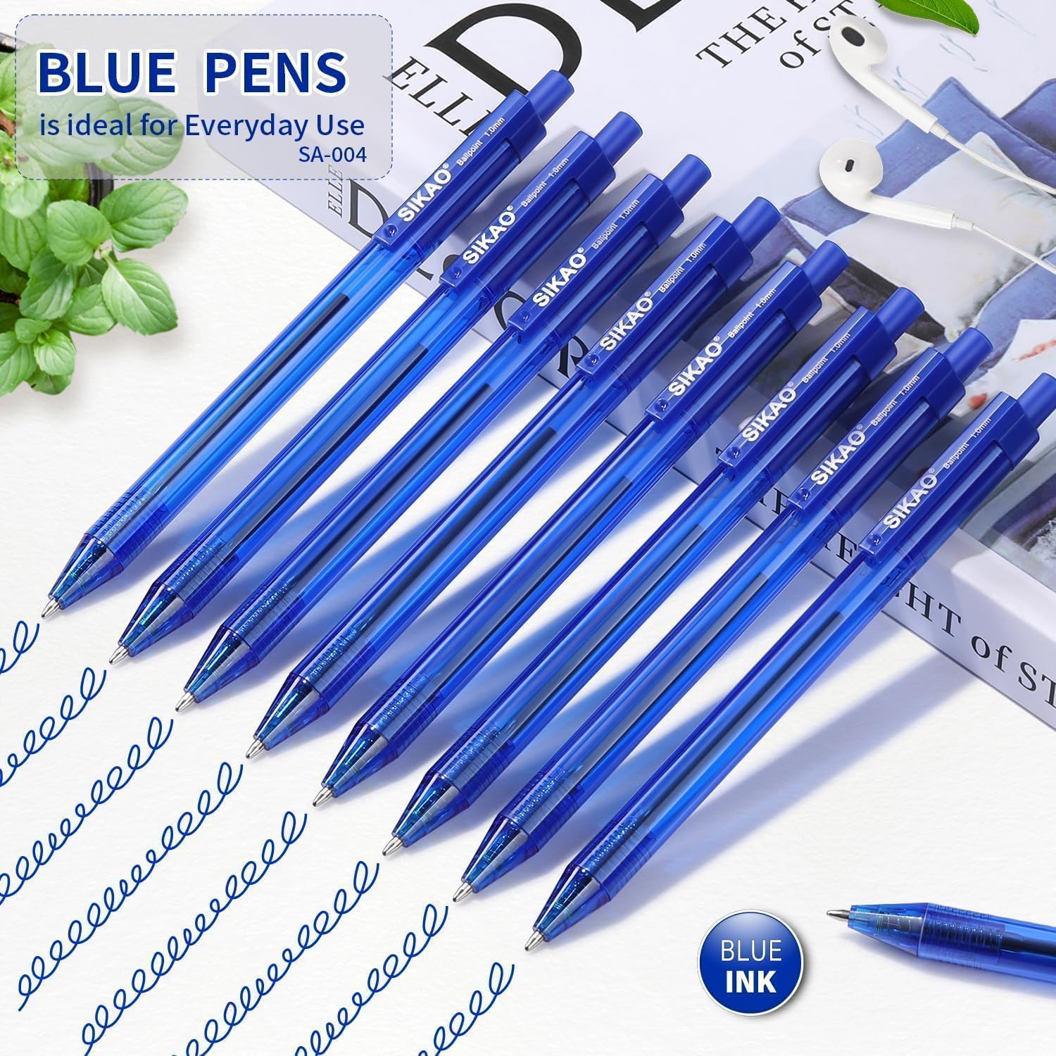Sikao Blue Pens Bulk, 60 Pack Retractable Ballpoint Pens Blue Ink