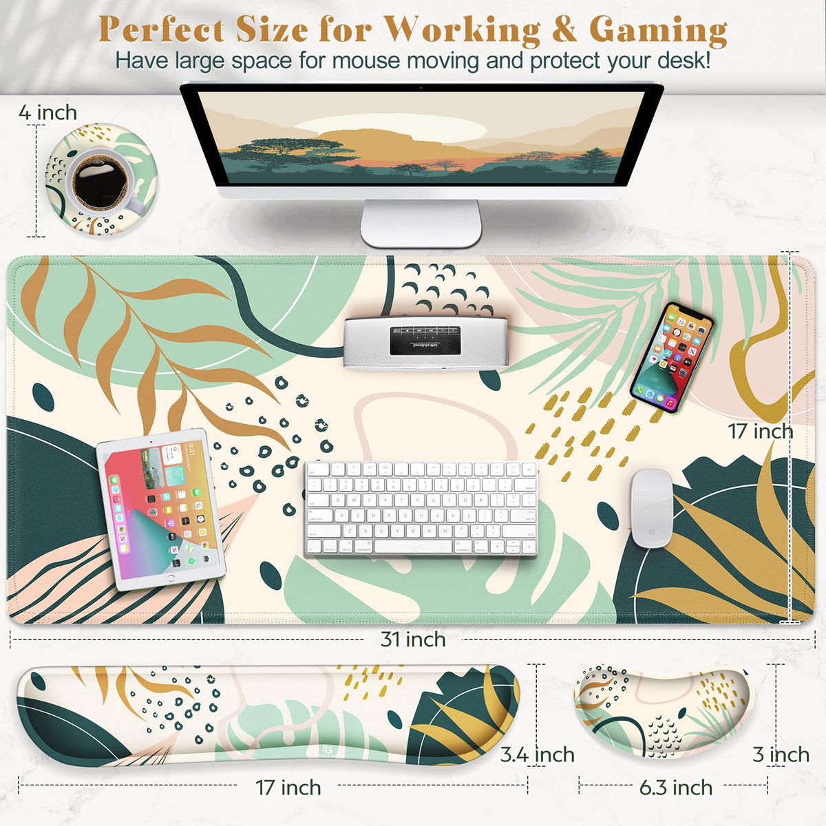 Gimars 4 in 1 Mouse Pad and Keyboard Wrist Rest Set, Large Mouse Pad with Memory Foam Wrist Support