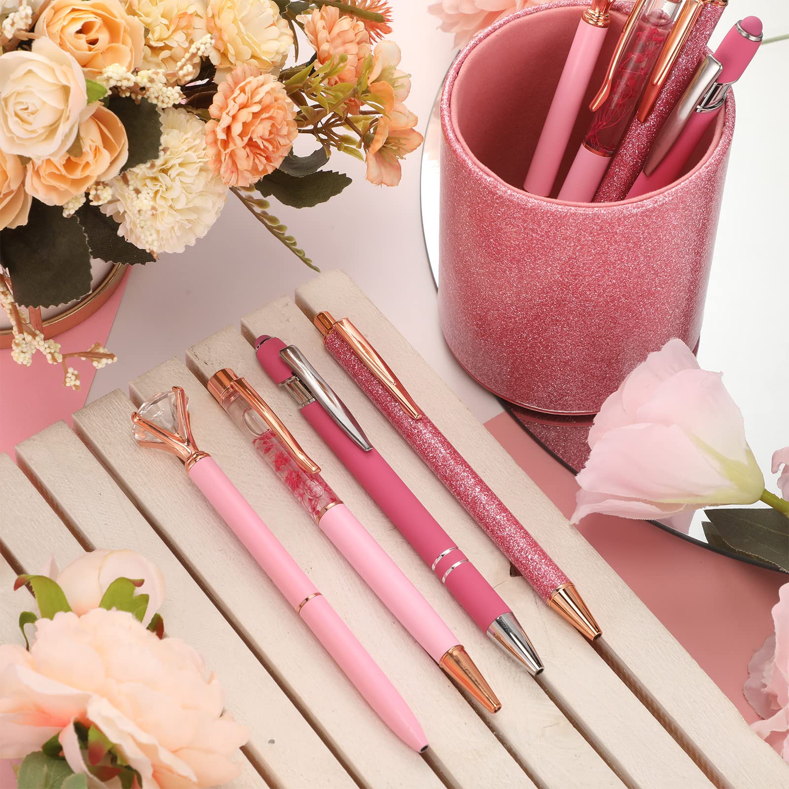 Sabary 8 Pcs Hot Pink Diamond Pens with Glitter Desk Pen Holder for Women
