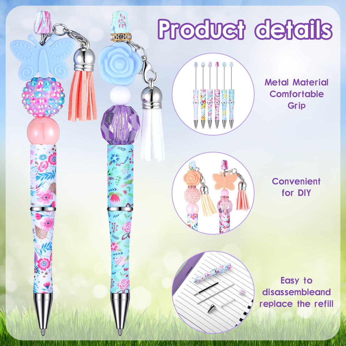 Teling 12 Sets Butterfly Flower Beadable Pens Black Ink Ballpoint Beaded