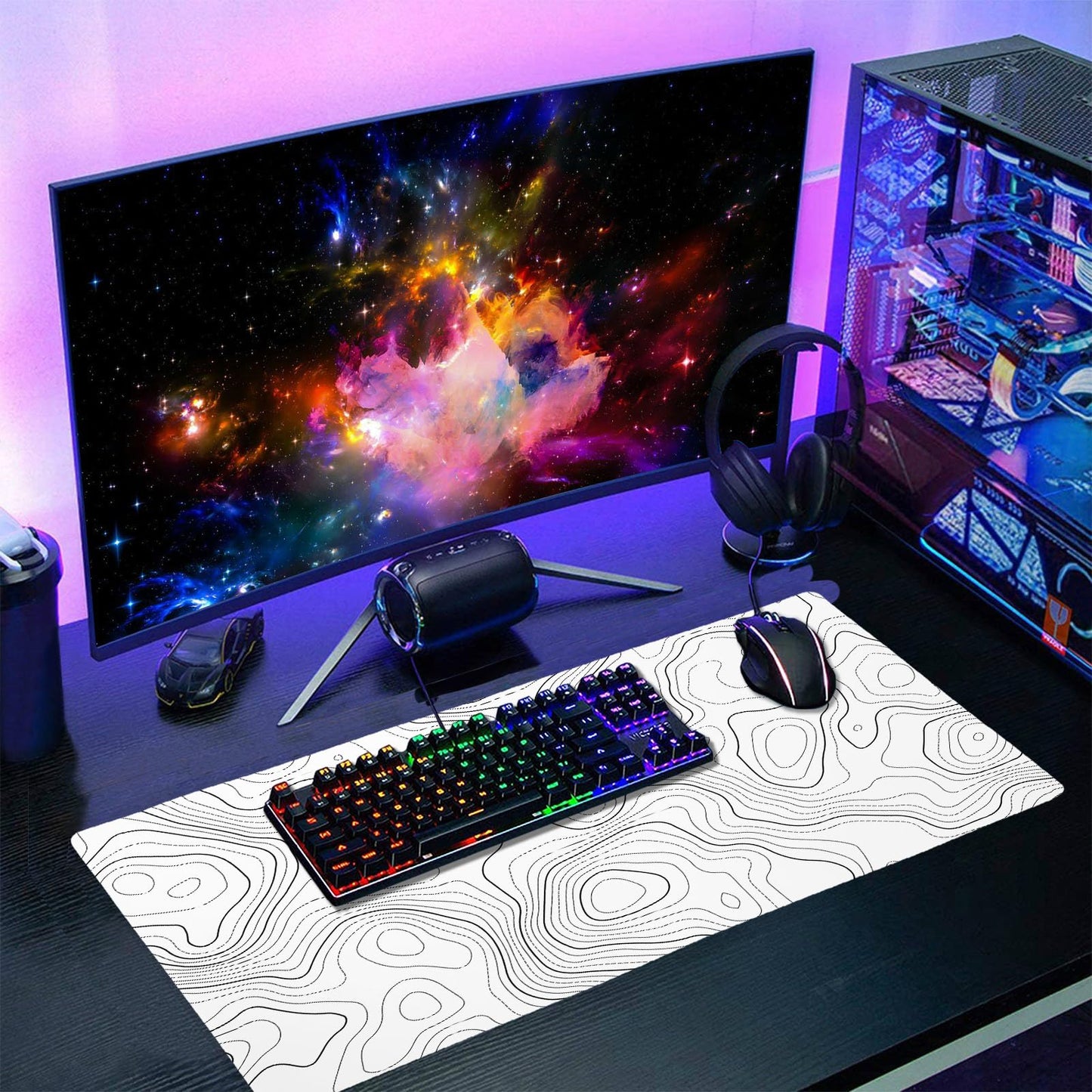 Topographic Map Mouse Pad Large White Lines Contour Geographic Extended Desk Mat 60x35 CM Non-Slip