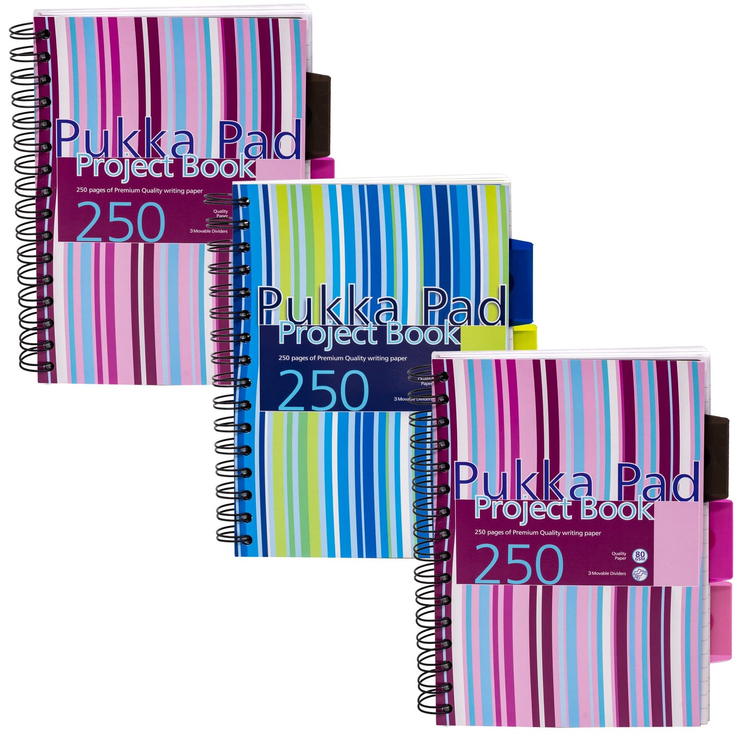 Pukka Pad, A5 Striped Project Notebook 3-Pack - 21 x 14.9cm - Wirebound Notebook with 8mm Feint