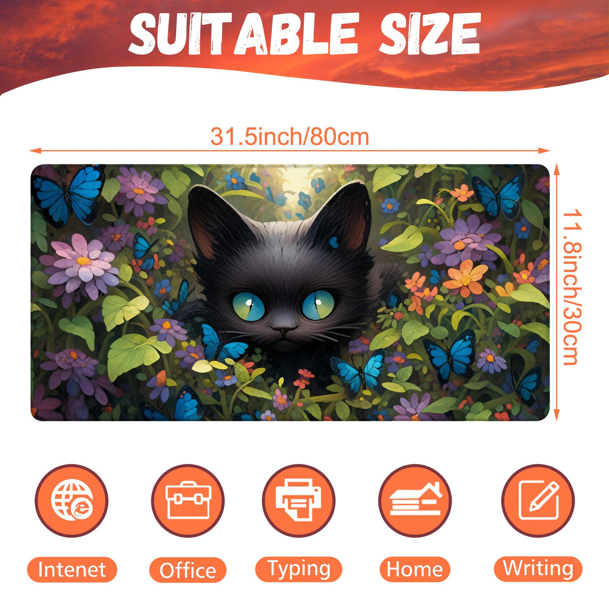 KOAIWPAE Desk Pad, Cute Black Cat Desk Mat, Cat Among Butterfly Flowers Large Gaming Mouse Pad for