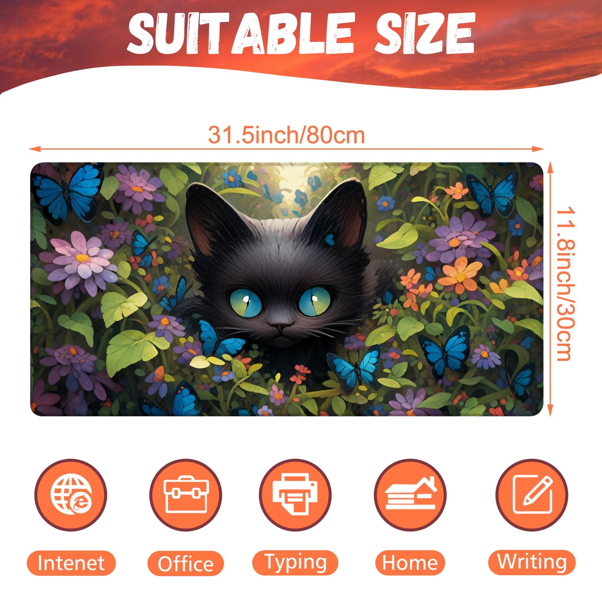 KOAIWPAE Desk Pad, Cute Black Cat Desk Mat, Cat Among Butterfly Flowers Large Gaming Mouse Pad for