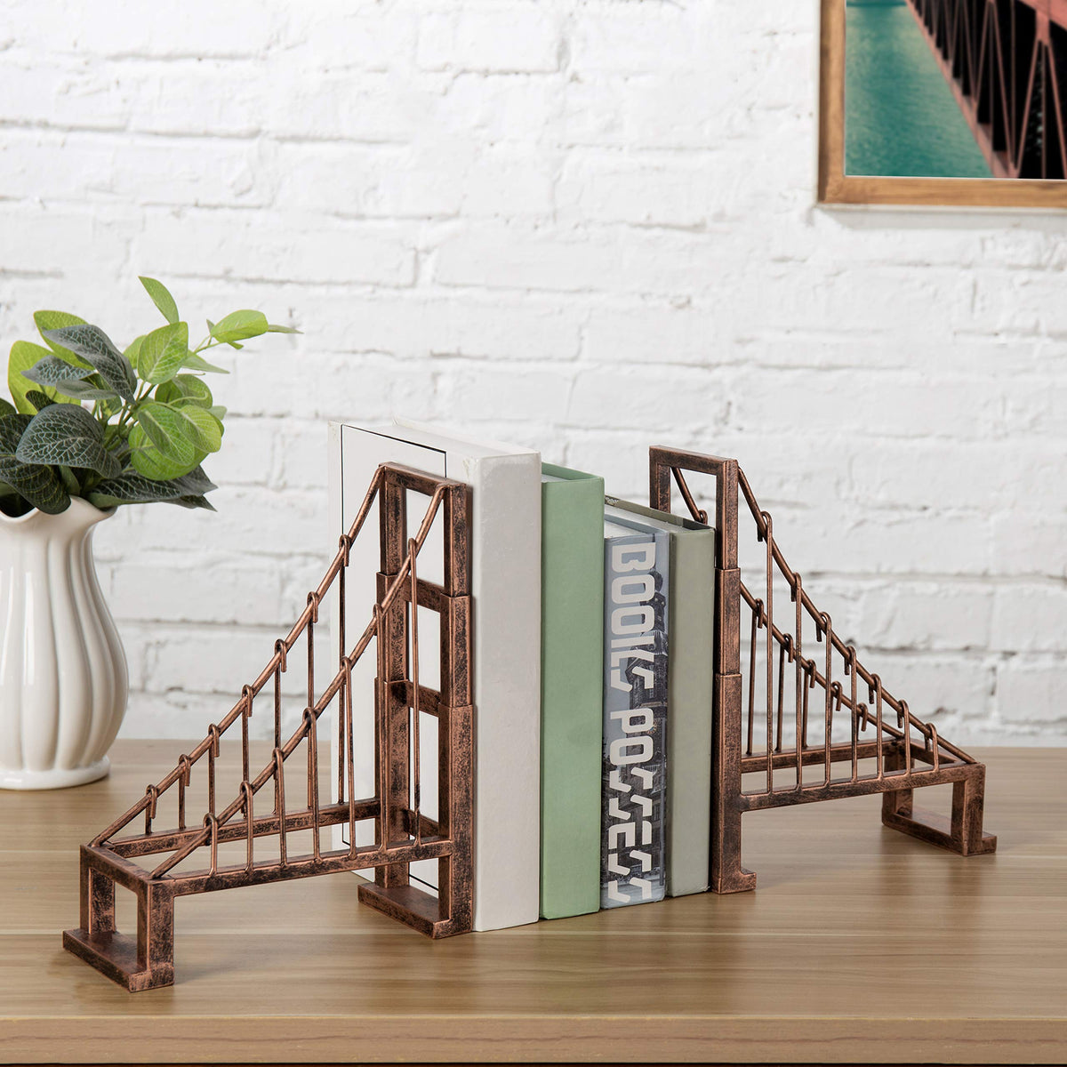 MyGift Decorative Bookends for Heavy Books, Vintage Bronze Metal Suspension Bridge Design Book End