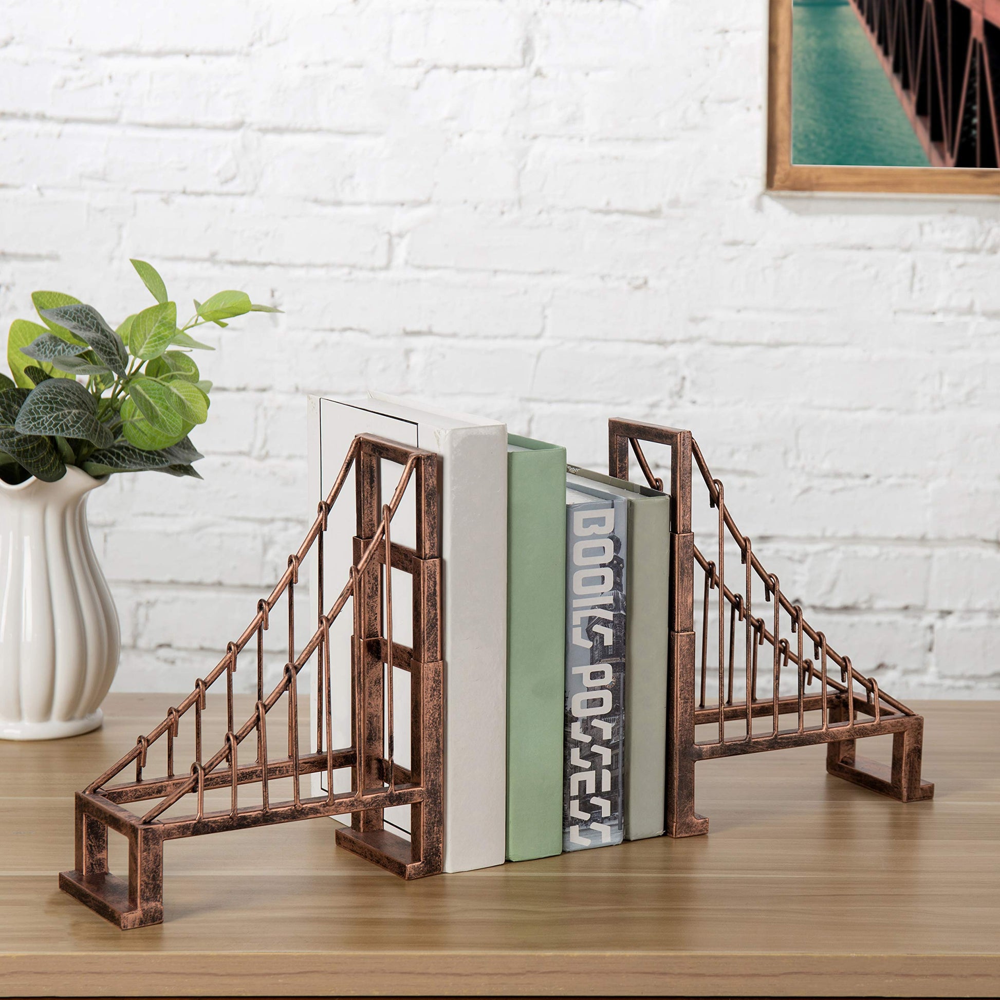 MyGift Decorative Bookends for Heavy Books, Vintage Bronze Metal Suspension Bridge Design Book End