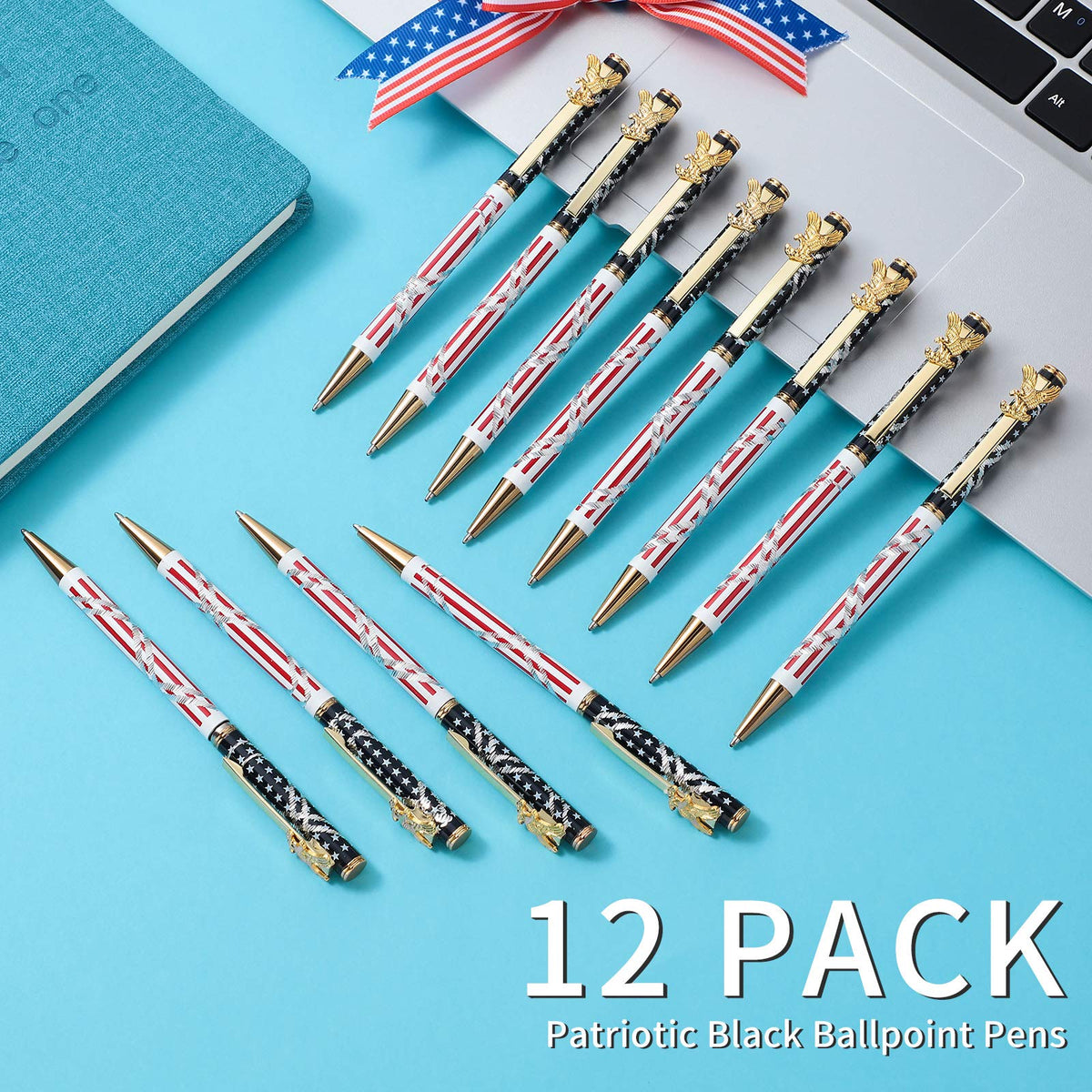 Zonon 12 Pcs Patriotic Ballpoint Pens, Black Ink, Gold, Black Refills
