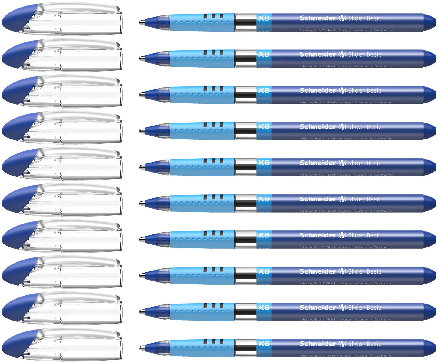 Schneider Slider Basic XB (Extra Broad) Ballpoint Pen, 1.4 mm, Transparent Barrel, Blue Ink, Box of