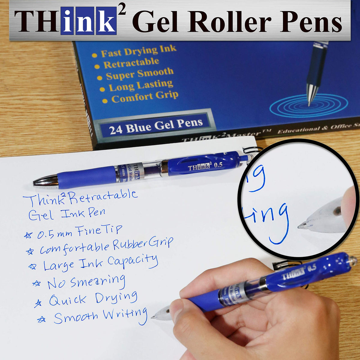 [24 Pens - Blue Ink] Think2 Retractable Gel Pens. (24 Blue) Fine Point (0.5mm) Rollerball Pens with