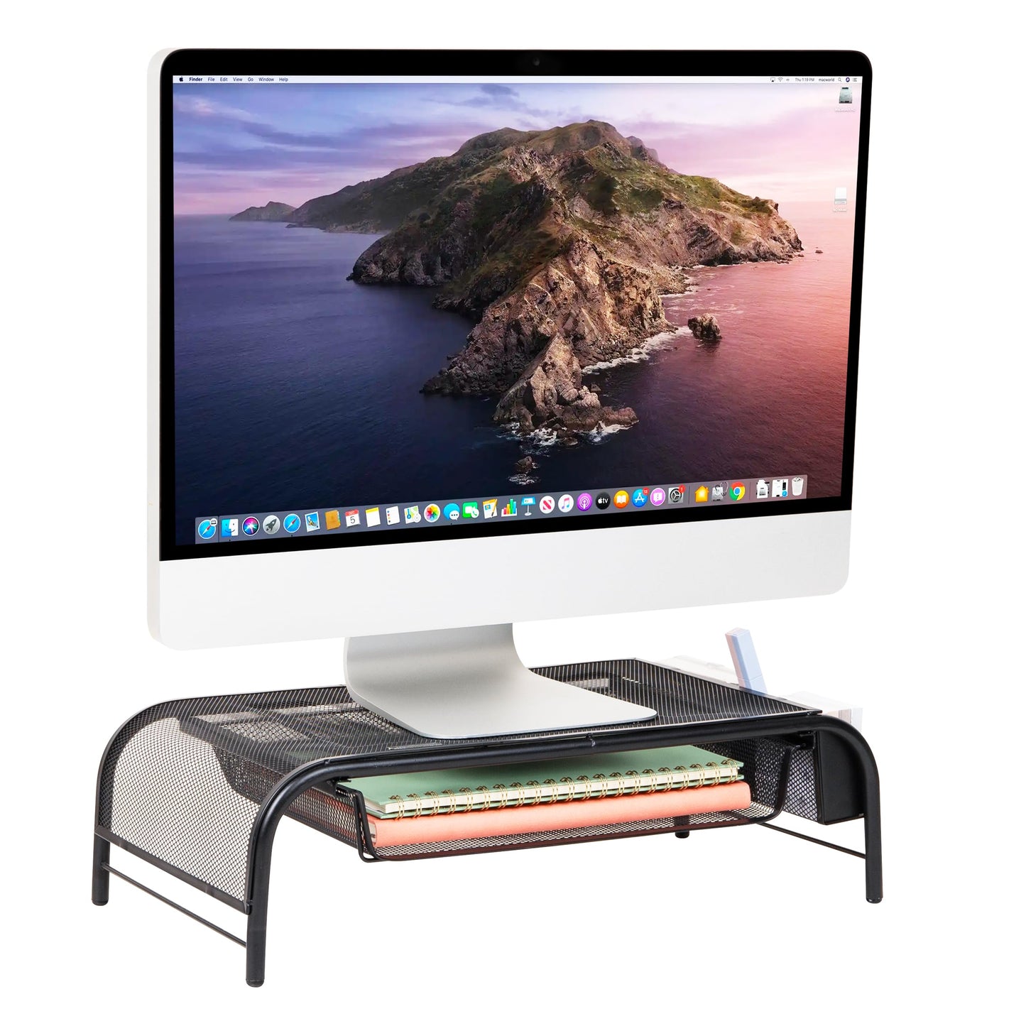 Mind Reader Monitor Stand, Ventilated Laptop Riser, Paper Tray, Storage, Office, Metal Mesh, 20"L x