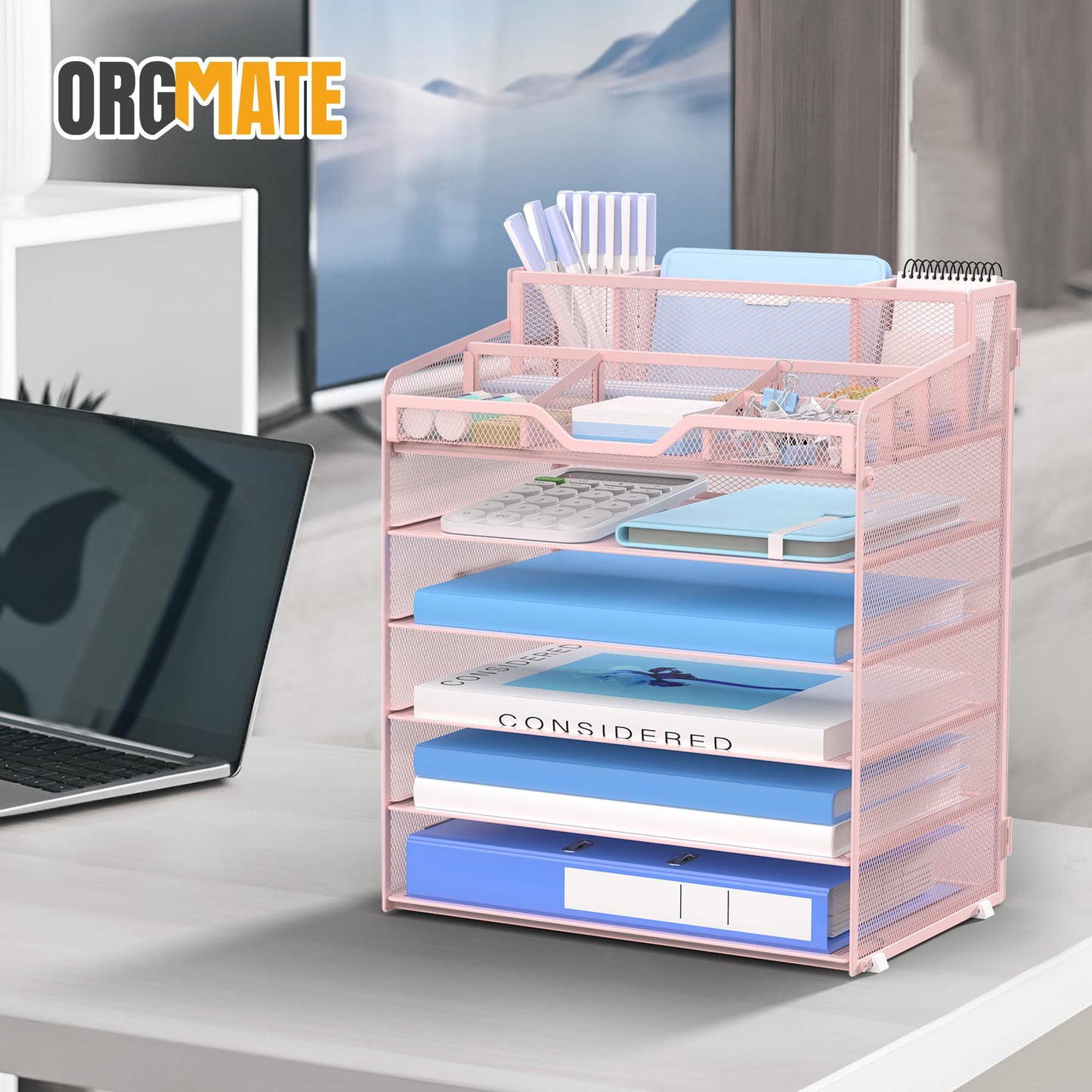 OrgMate 6 Tier Mesh Paper Desk Organizer with Pen Holders, Pink