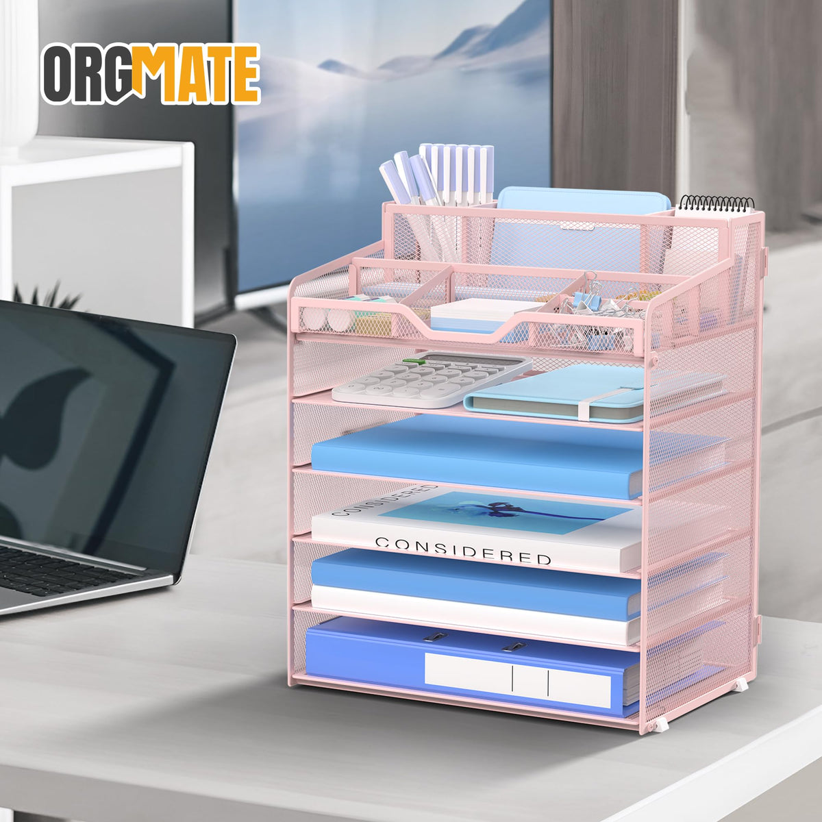 OrgMate 6 Tier Mesh Paper Desk Organizer with Pen Holders, Pink