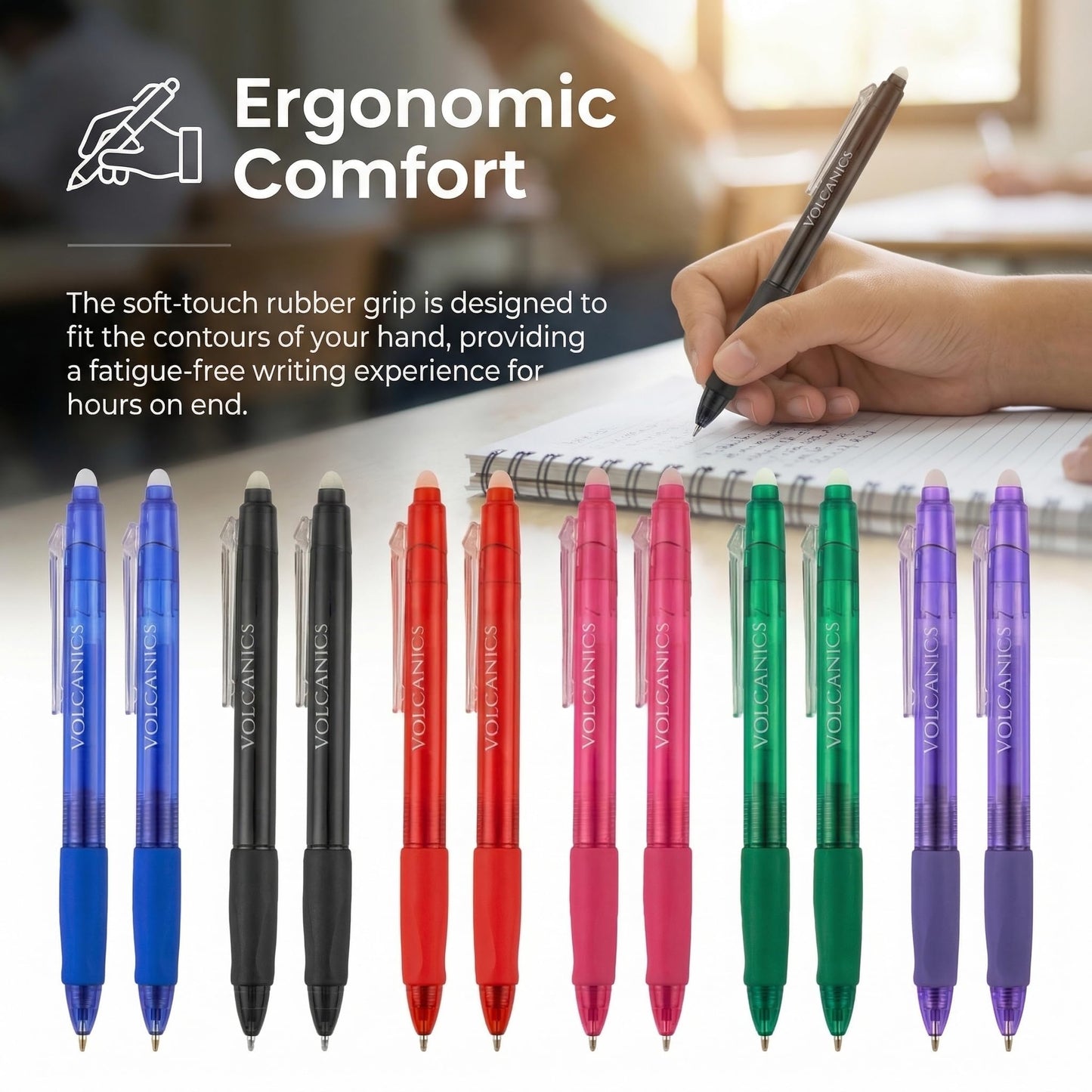Volcanics Erasable Gel Pens, 36 Pack, 6 Colors, 0.7mm Fine Point