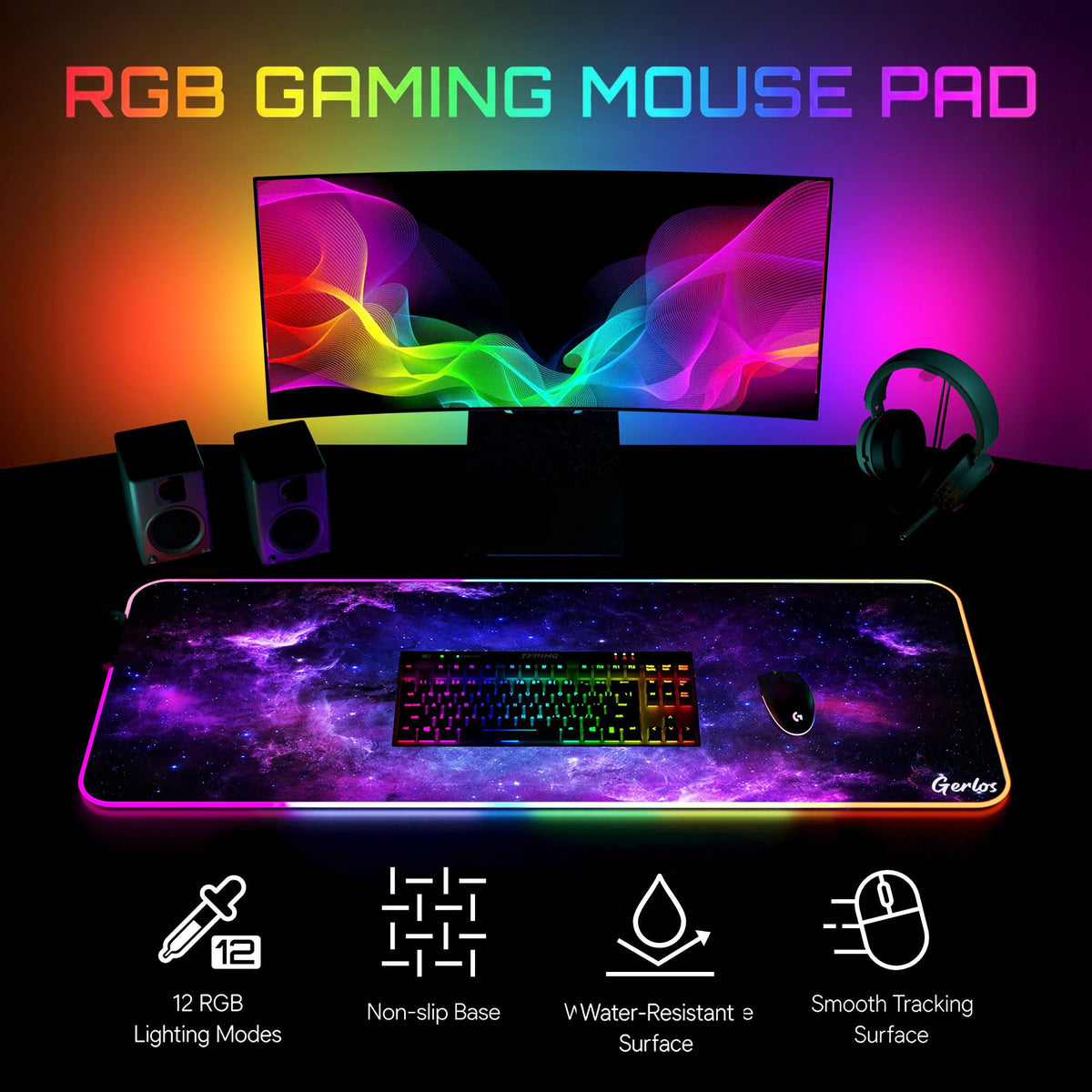 Gerlos RGB Gaming Mouse Pad, Large LED Desk Mat for Gamer, 31.5" x 11.8"