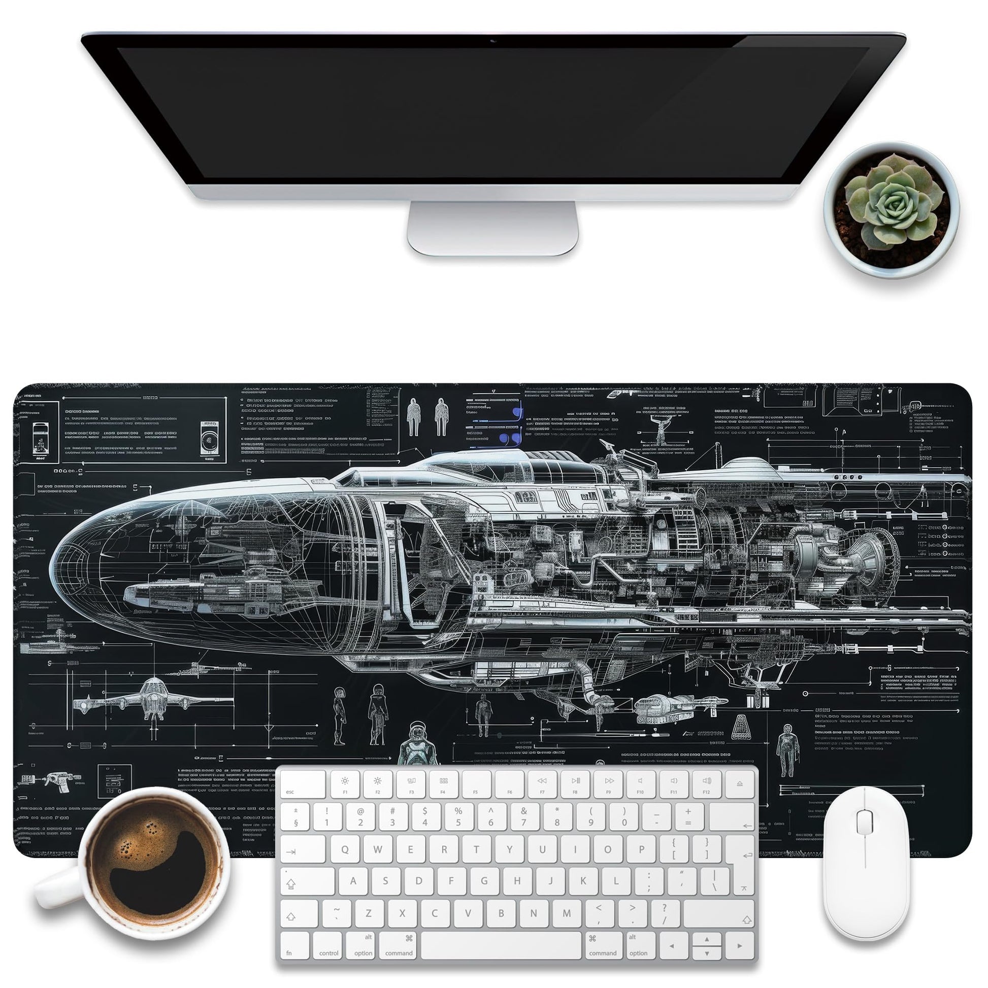 KOAIWPAE Large Gaming Mouse Pad for Desk, Spaceship Detailed Blueprint Desk Mat, Spacecraft