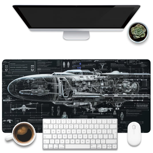 KOAIWPAE Large Gaming Mouse Pad for Desk, Spaceship Detailed Blueprint Desk Mat, Spacecraft