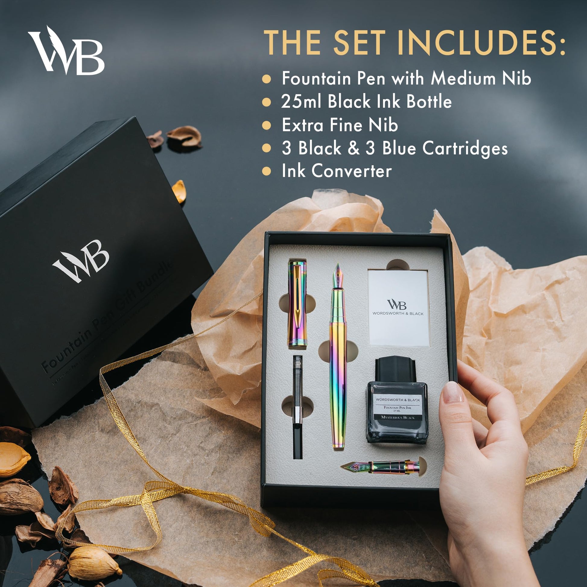 Wordsworth & Black Fountain Pen Gift Set, Medium & Extra Fine Nib, Rainbow
