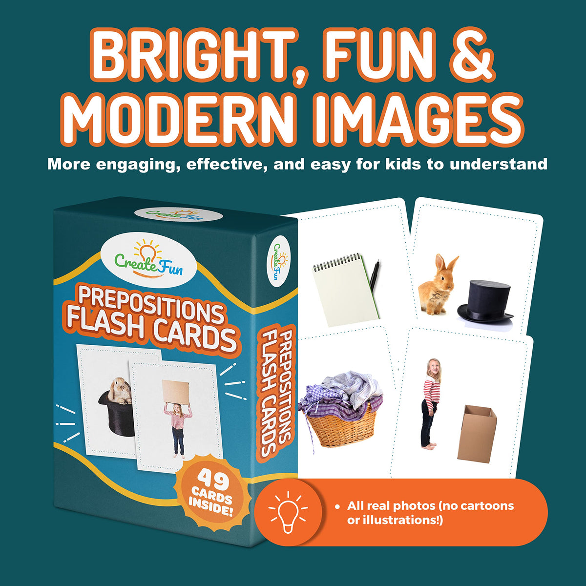 CreateFun 49 Preposition Flash Cards for Kids, School, Adults, ESL & Autism