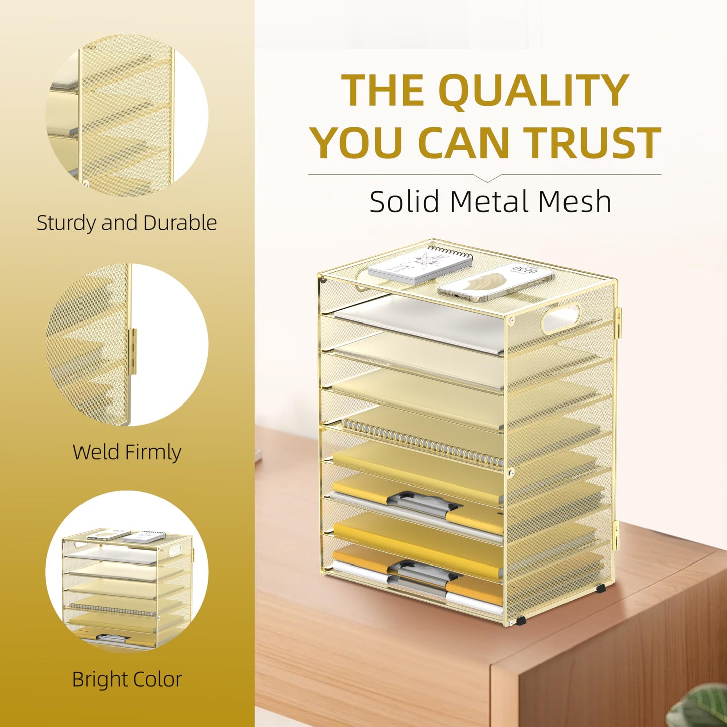 9-Tier Paper Organizer for Desk, Metal Mesh Letter Tray with Handles, Gold