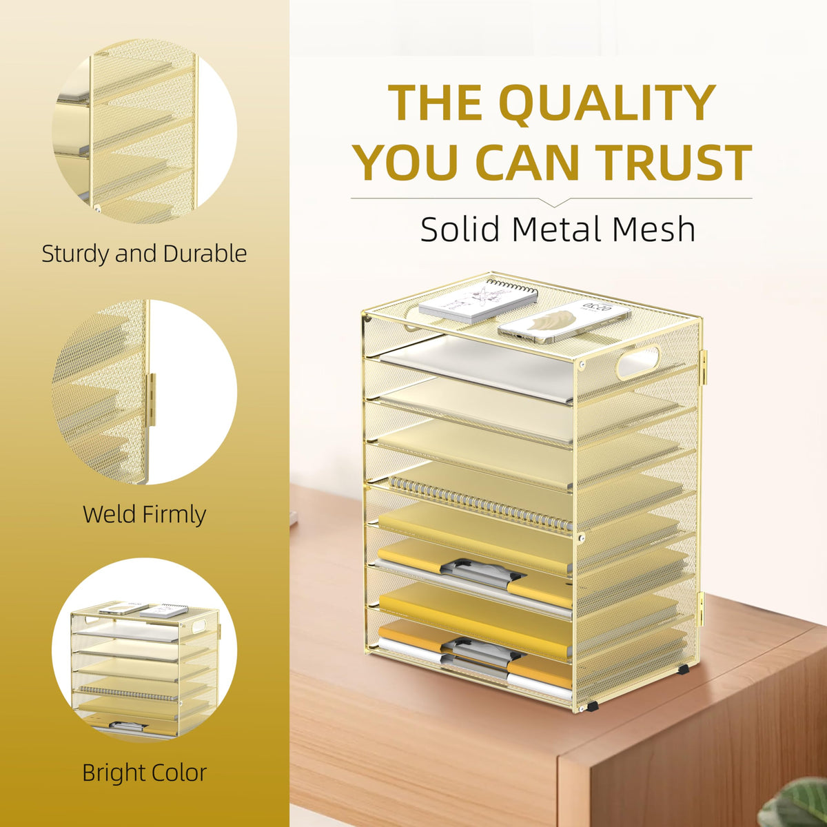 9-Tier Paper Organizer for Desk, Metal Mesh Letter Tray with Handles, Gold