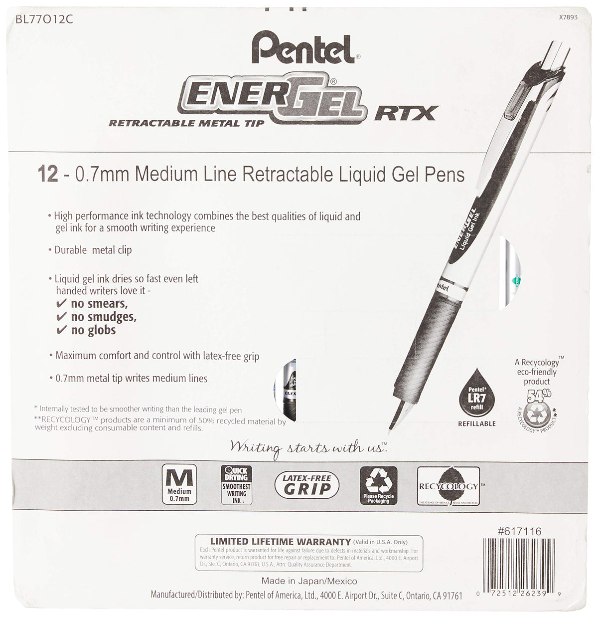 Pentel EnerGel RTX Retractable Liquid Gel Pen, 0.7mm Black/Blue/Red/Green/Violet Ink, 12 Pack