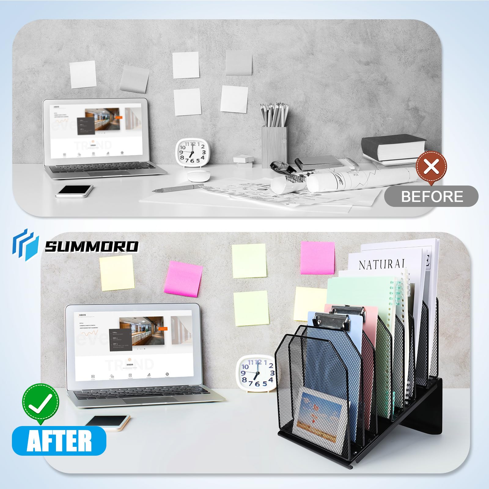 SUMMORO Inclined File Organizer for Desk, 7-Section Vertical File Holder