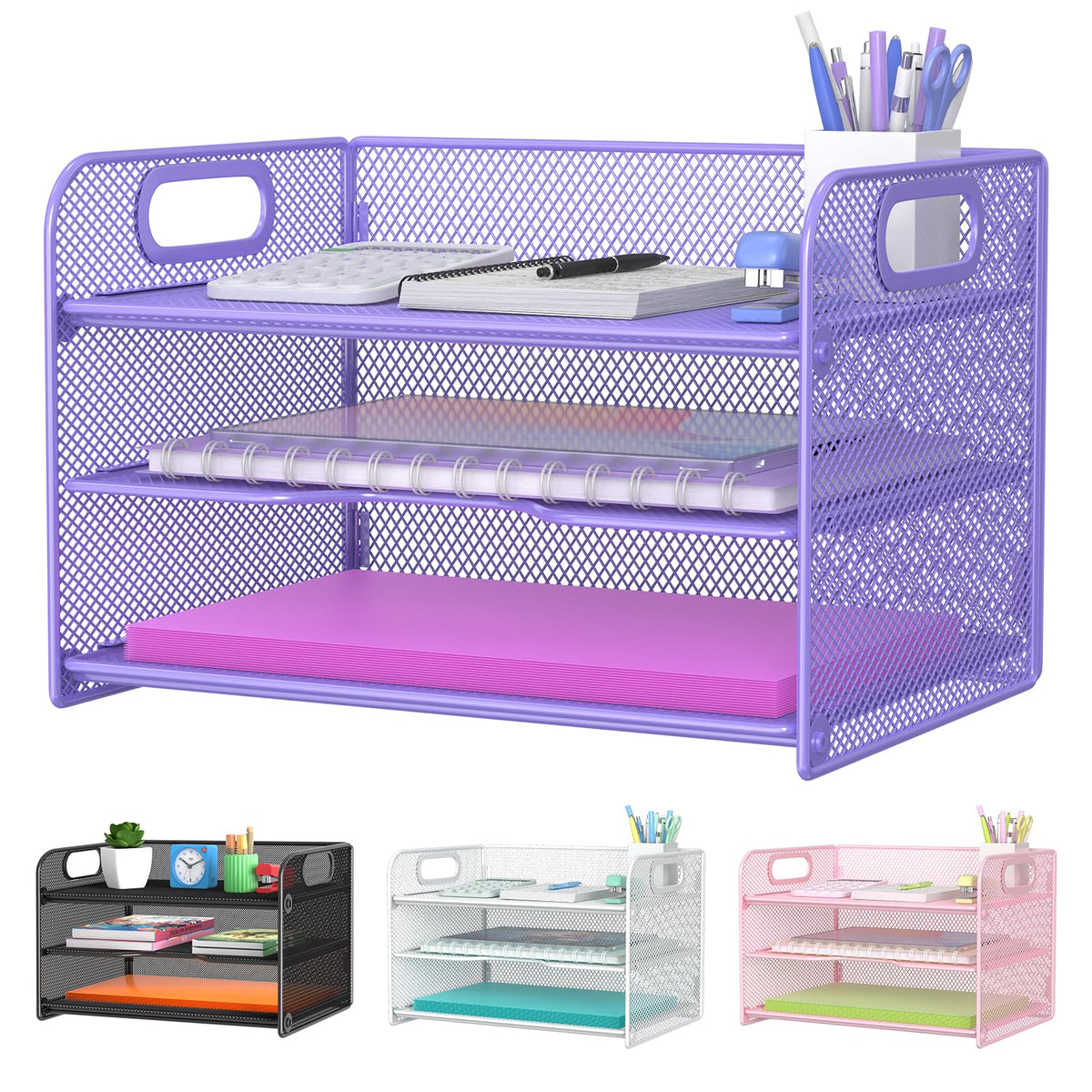 Samstar 3 Tier Purple Letter Tray Paper Organizer with Handle, Mesh Desk Organizer Paper Sorter