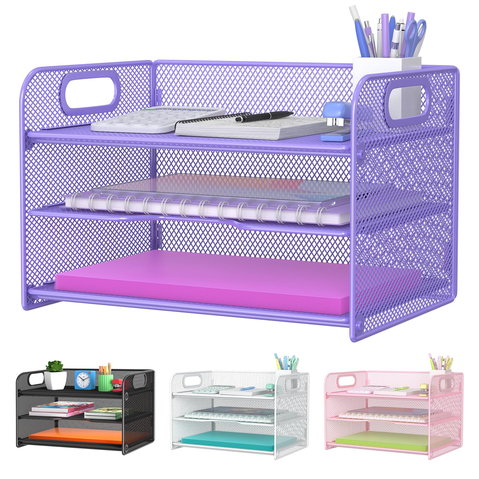 Samstar 3 Tier Purple Letter Tray Paper Organizer with Handle, Mesh Desk Organizer Paper Sorter