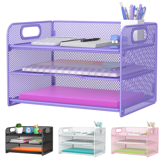 Samstar 3 Tier Purple Letter Tray Paper Organizer with Handle, Mesh Desk Organizer Paper Sorter