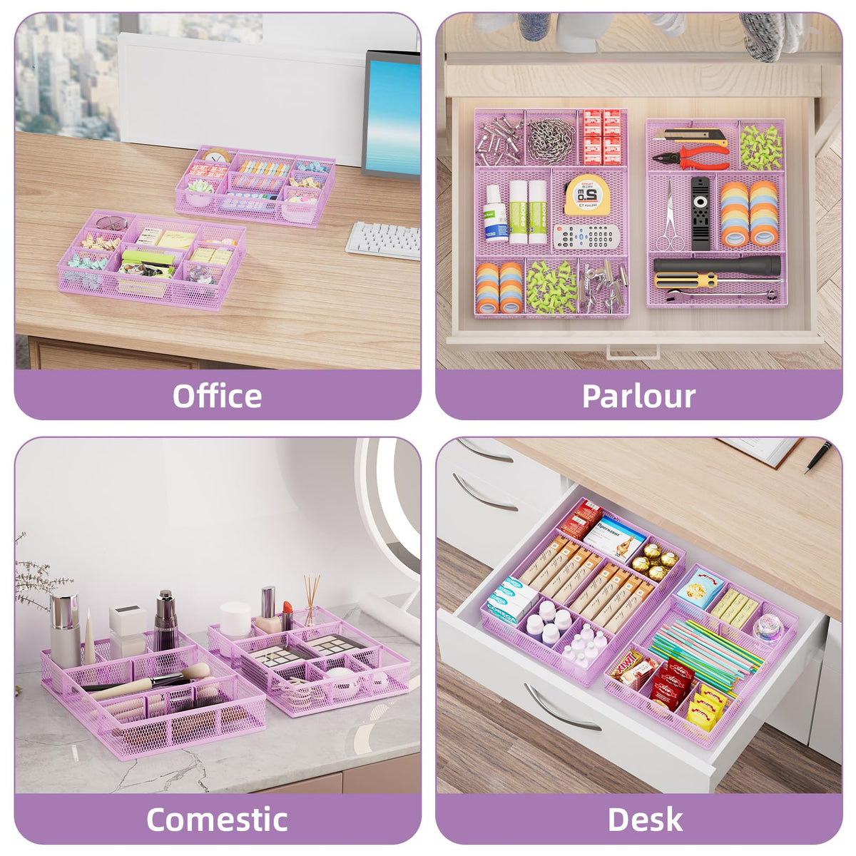Marbrasse 2 Pack Desk Drawer Organizer, Mesh Drawer Organizer Tray with 8 Adjustable Compartments