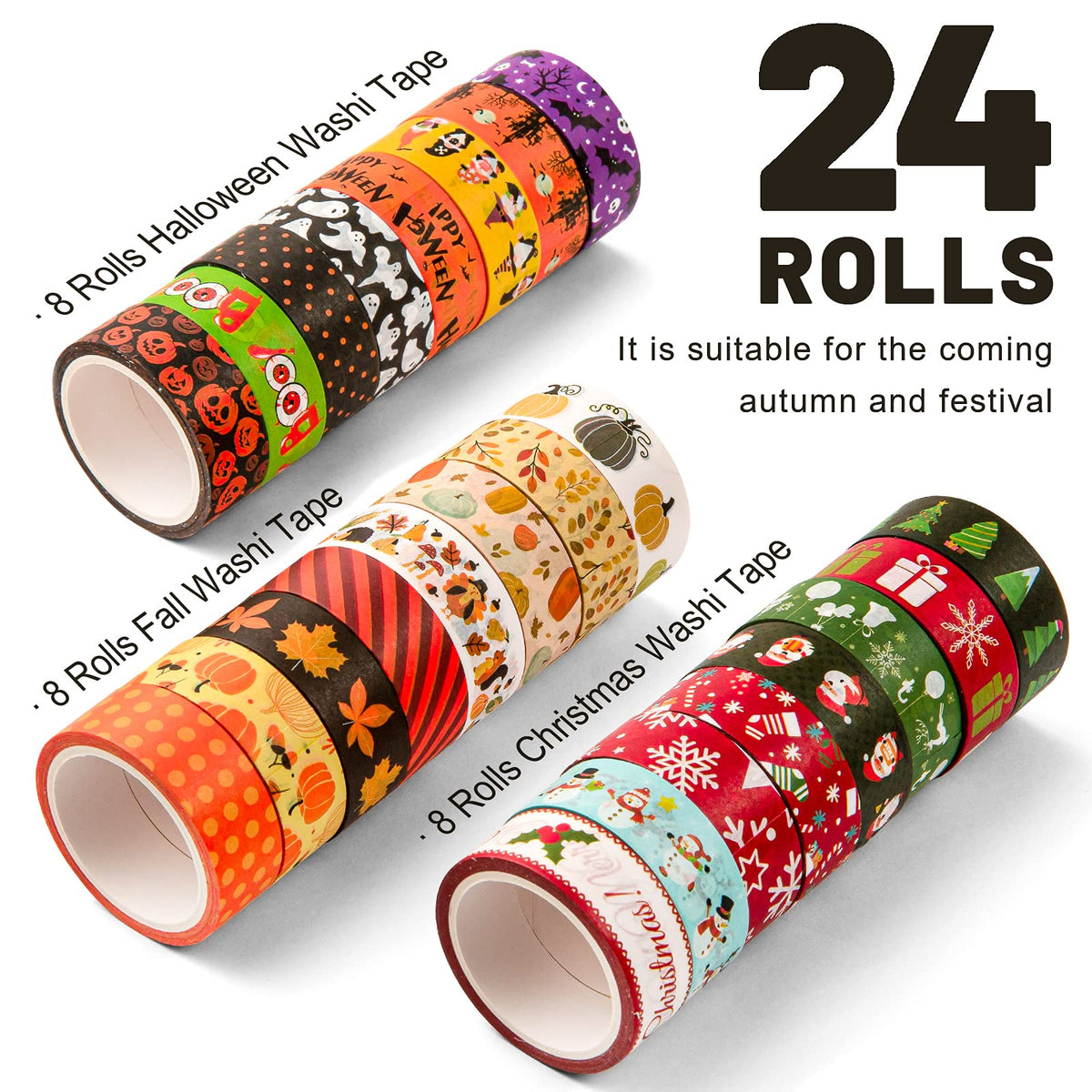 Whaline 24 Rolls Fall Halloween Christmas Washi Tape 3 Holidays Masking Tape Leaves Pumpkin Ghost