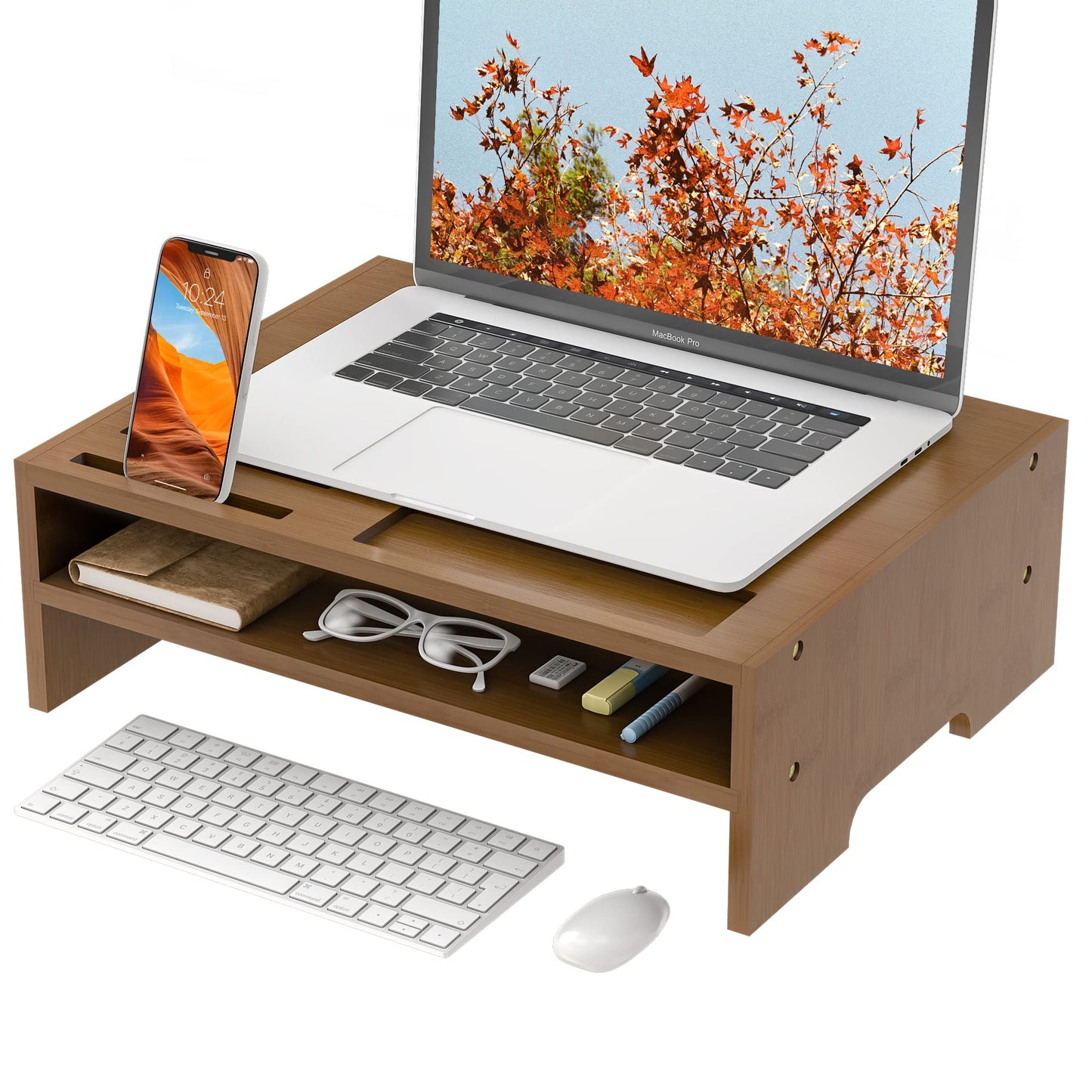 Bambloom Monitor Stand Riser with Storage Organizer Desktop with Cooling Holes Bamboo Laptop Riser