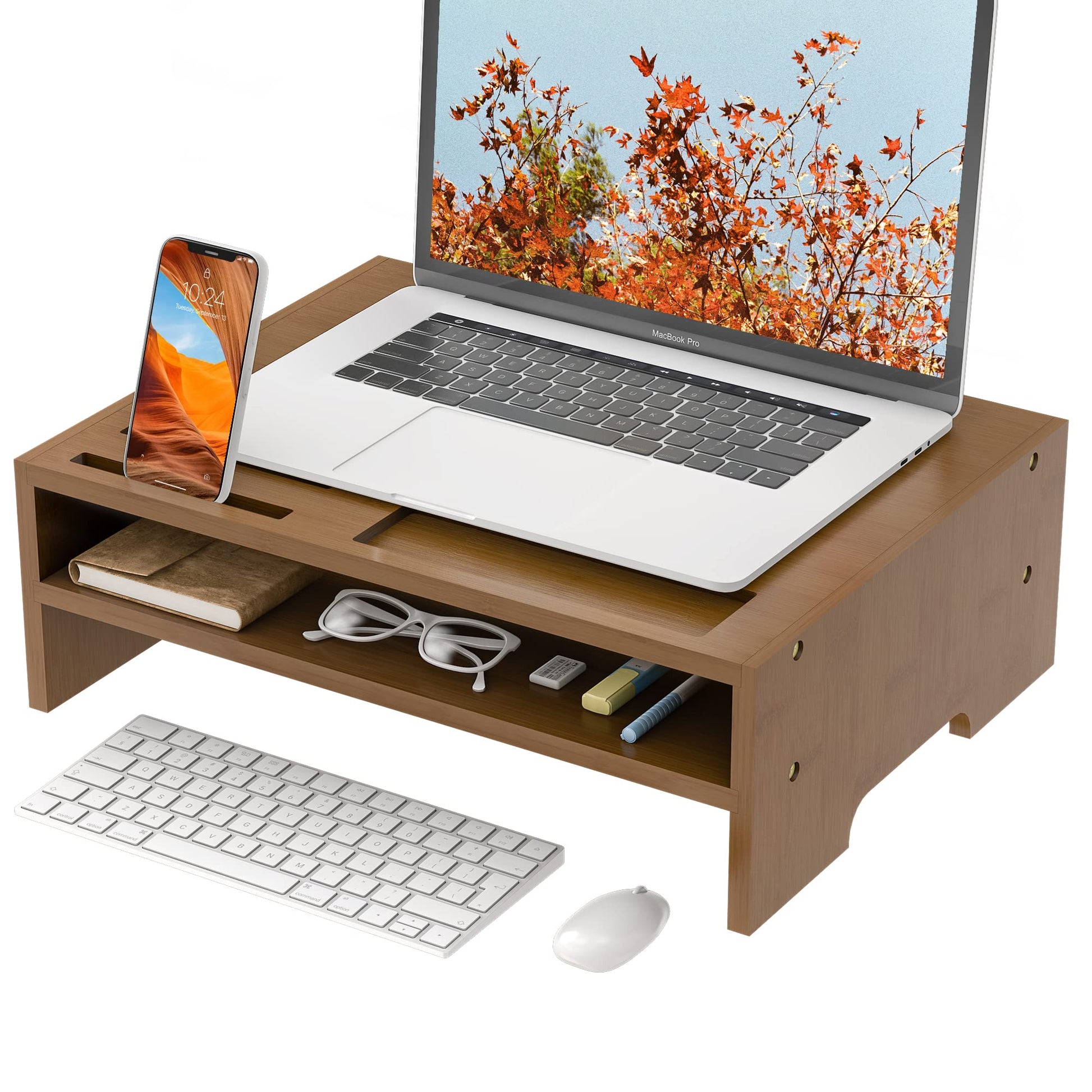 Bambloom Monitor Stand Riser with Storage Organizer Desktop with Cooling Holes Bamboo Laptop Riser