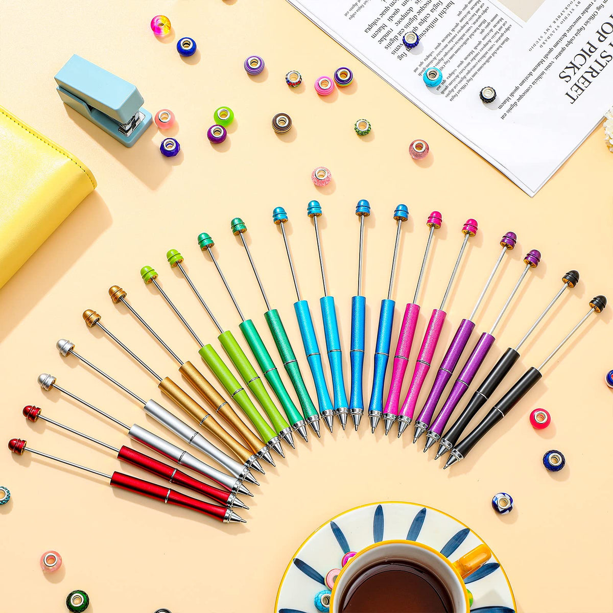 Chivao 20 Pieces Metal Beadable Pens Bulk Beaded Pens Black Ink Ballpoint with Refills Assorted
