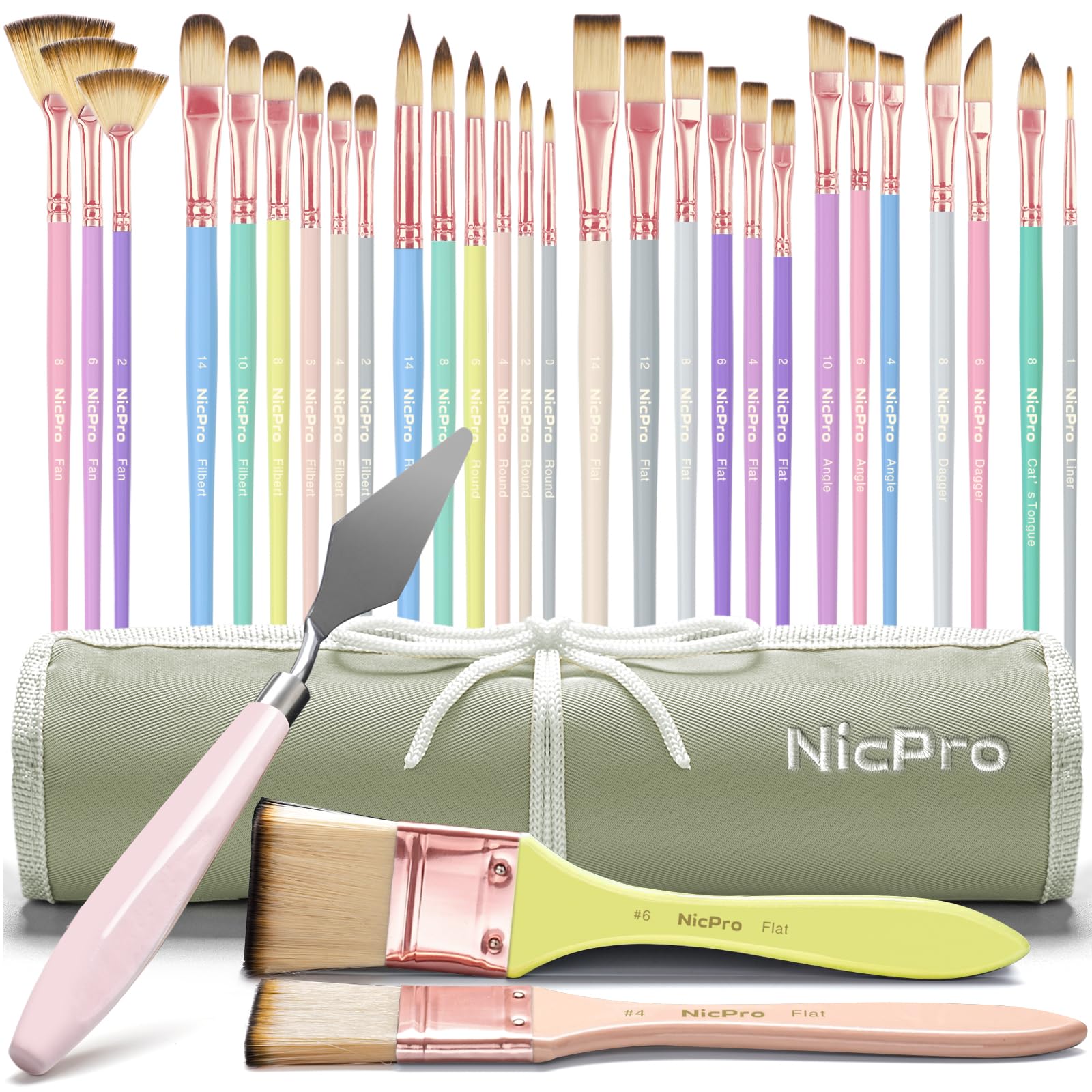 Nicpro 30pcs Paint Brush Set, Aesthetic Pastel Paintbrushes with Paint Spatula and Cloth Roll