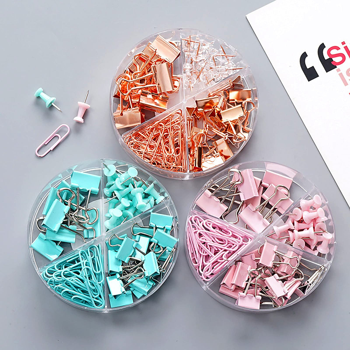 72 Pcs Rose Gold Small Binder Clips, Paper Clips and Thumbtack for Office Work School and Home
