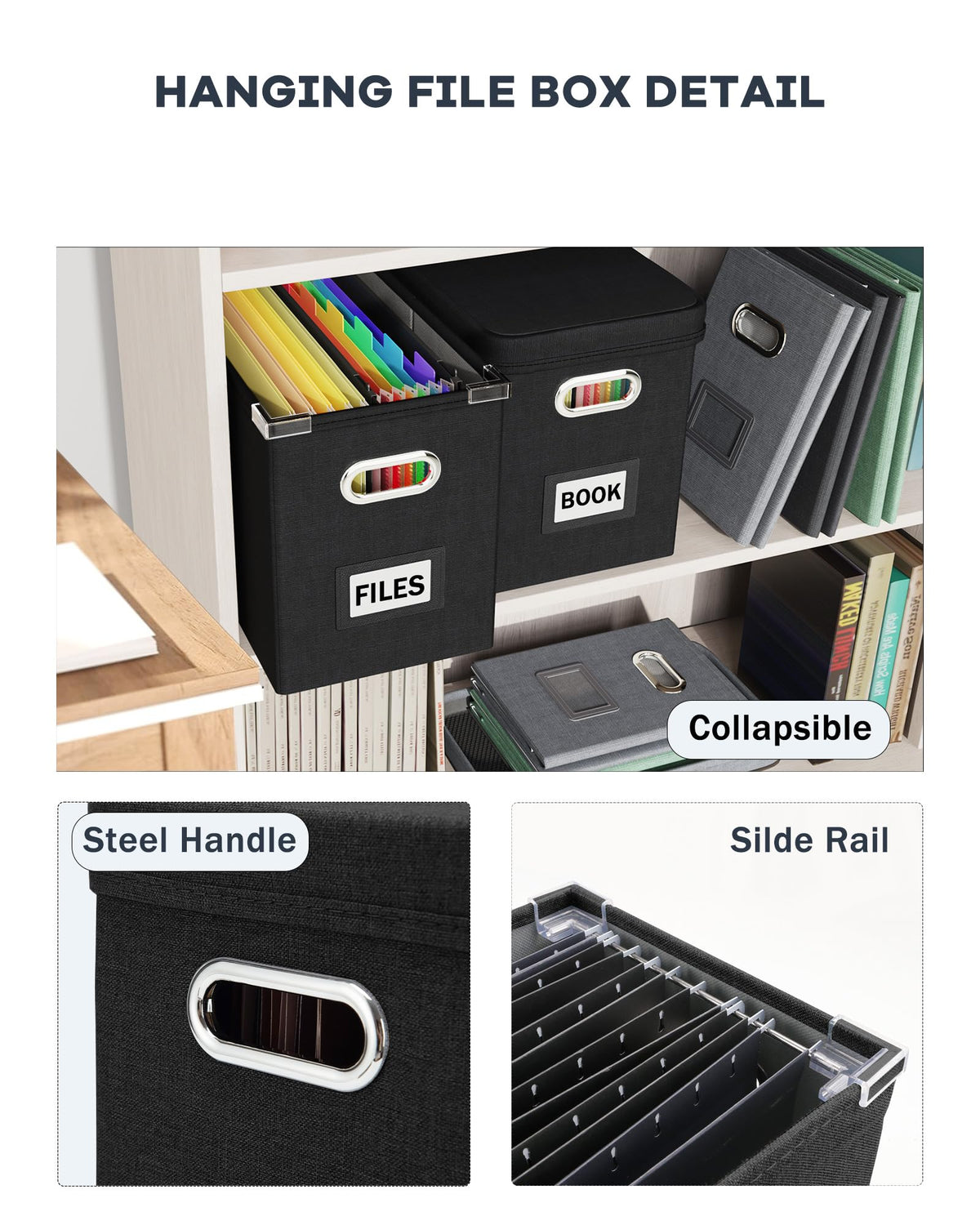 Oterri File Organizer Box with Lid, Hanging Filing File Box with Mesh Pocket, Document Organizer