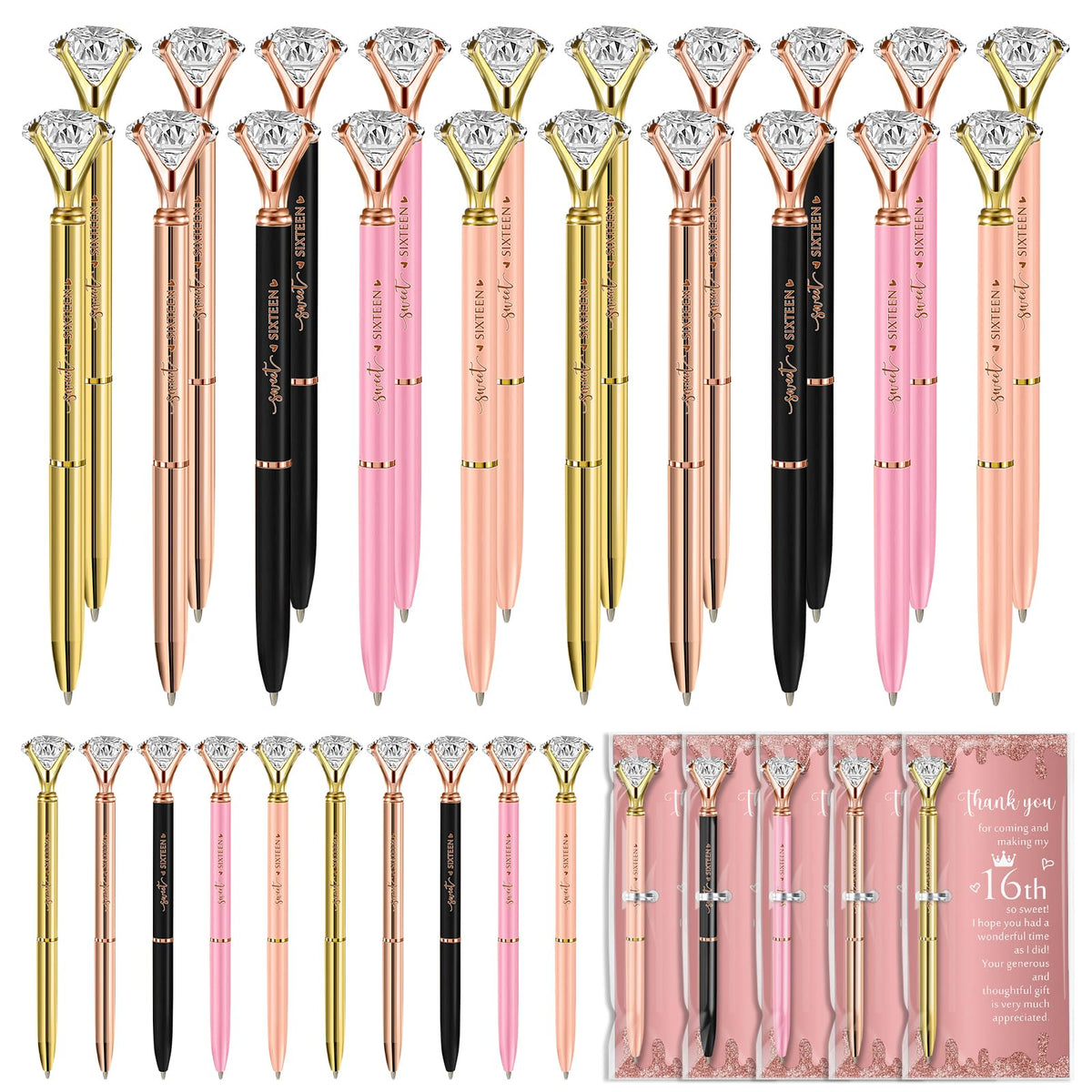 Feifeiya 36 Sets Sweet 16th Party Favors Pens with Thank You Cards, Diamond
