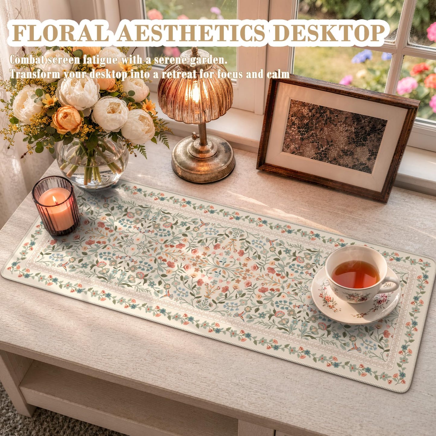 iCasso Aesthetic Desk Mat,31.5x11.8in Mouse Pads,Beige Floral